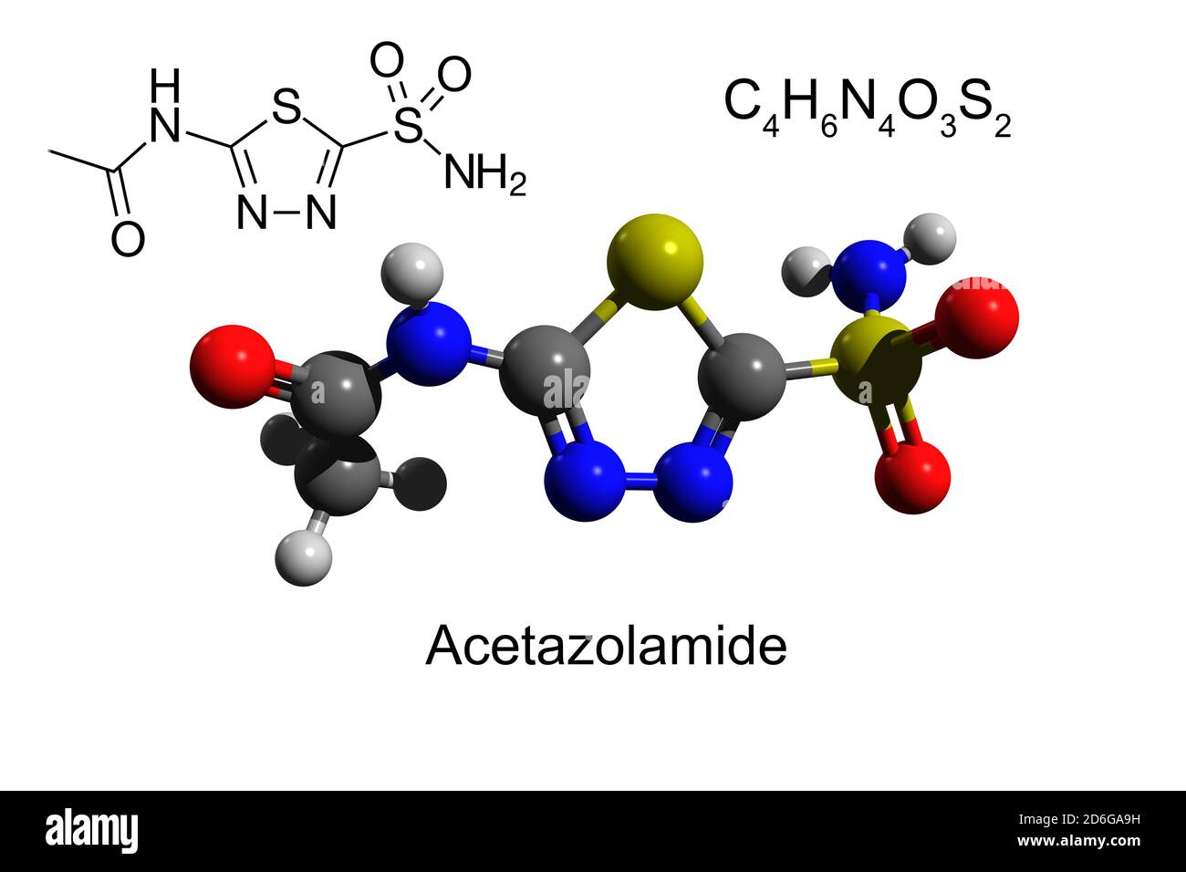 Formule chimique, formule structurale et modèle 3D boule-et-bâton de l'acétazolamide, un médicament diurétique, fond blanc Banque D'Images