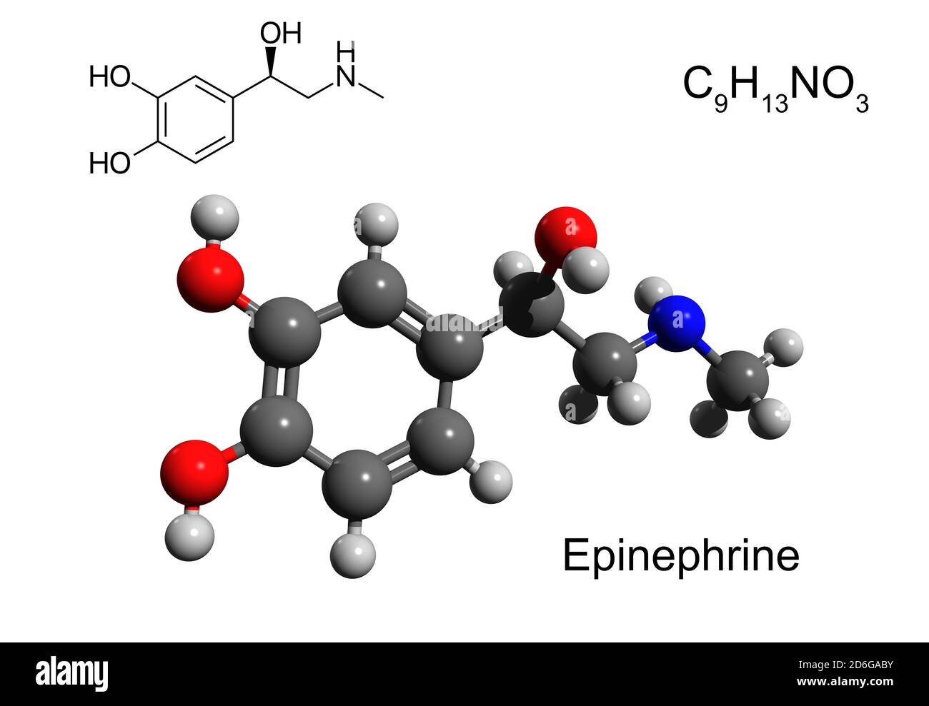Formule chimique, formule structurale et modèle boule-et-bâton 3D d'une hormone et neurotransmetteur épinéphrine (adrénaline), fond blanc Banque D'Images