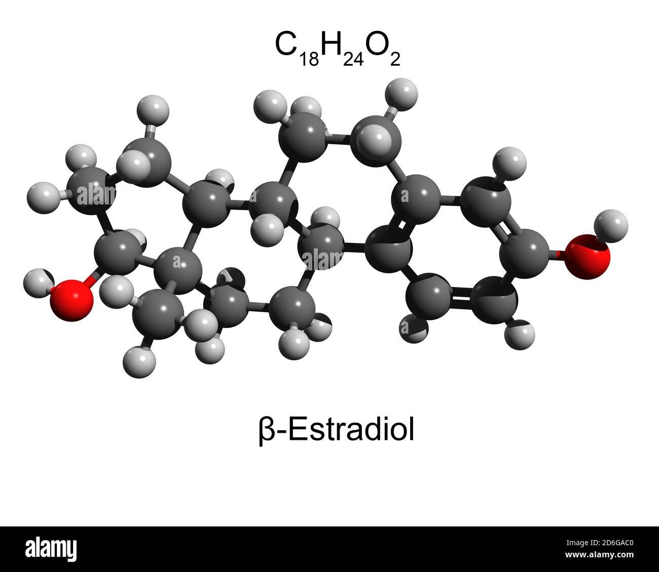 Structure de la molécule d'estradiol de l'hormone femelle principale, modèle de boule et de bâton, fond blanc, illustration 3D Banque D'Images