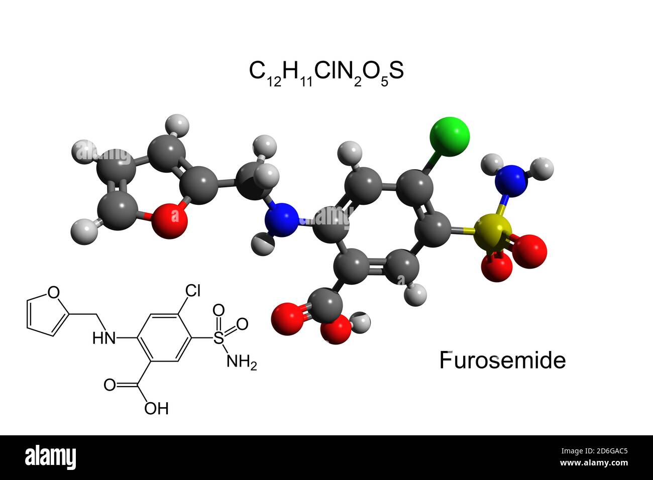 Formule chimique, formule structurale et modèle 3D boule-et-bâton de furosémide, un médicament diurétique, fond blanc Banque D'Images