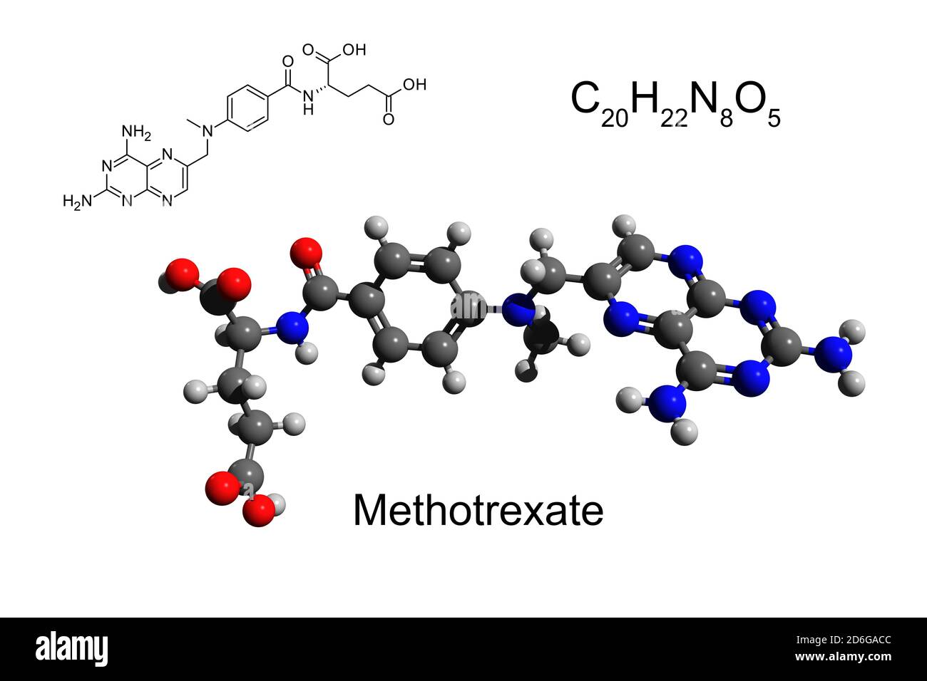 Formule chimique, formule structurale et modèle 3D boule-et-bâton du méthotrexate (MTX), connu sous le nom d'amethopterin, un agent de chimiothérapie Banque D'Images