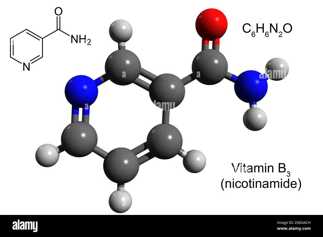 Formule chimique, formule structurale et modèle boule-et-bâton 3D de la vitamine B3 (nicotinamide), fond blanc Banque D'Images