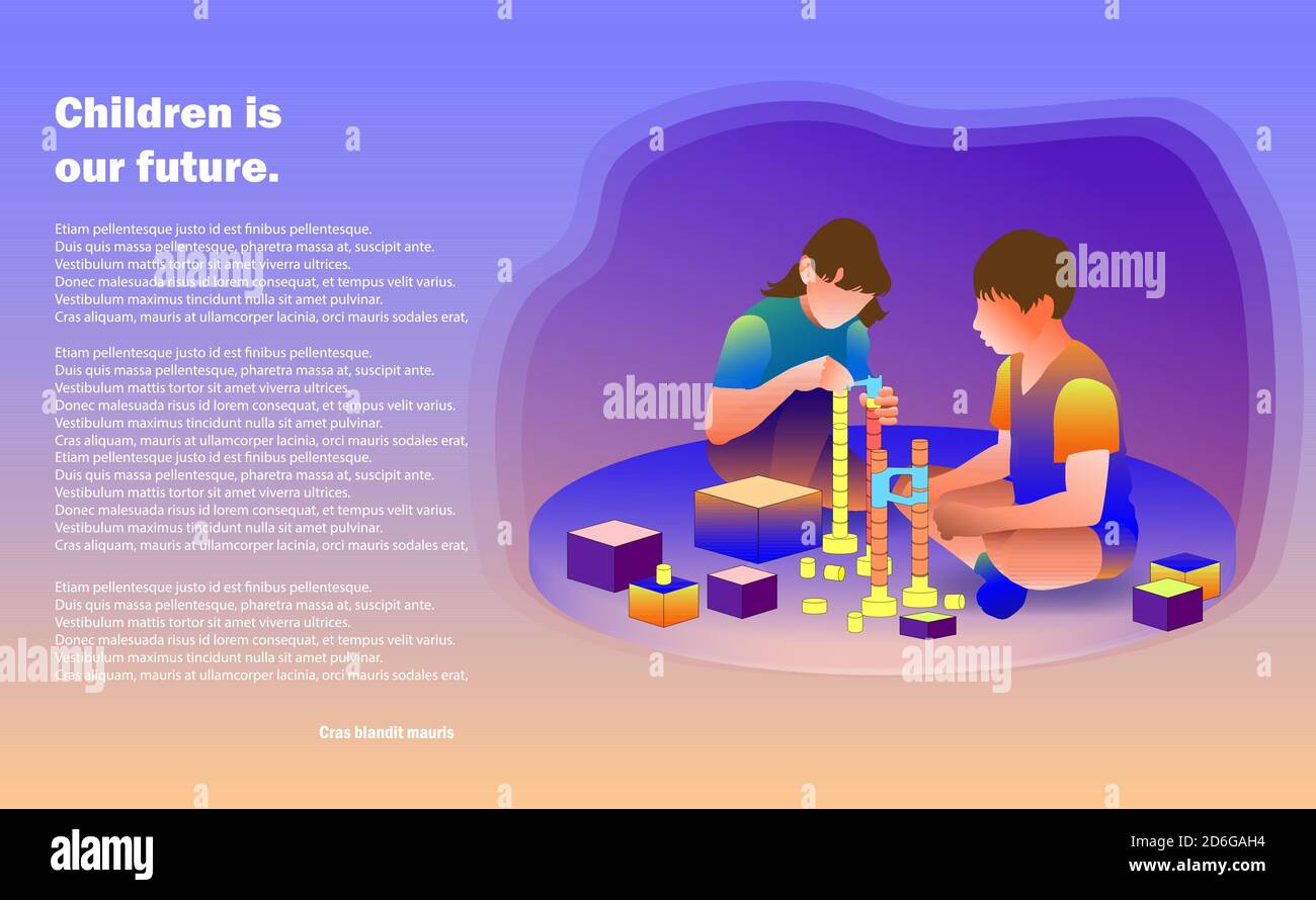 Les enfants jouent à l'étage de la chambre. Cubes de piles pour frère et sœur, jouets. Illustration de Vecteur
