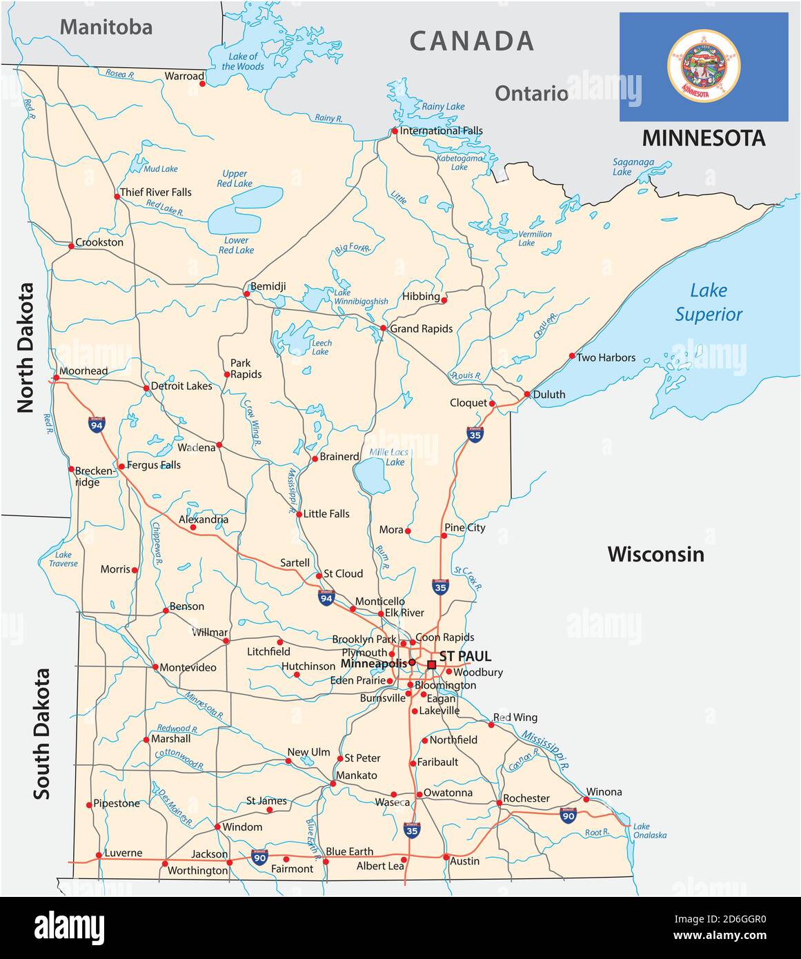 carte des vecteurs routiers de l'état fédéral du minnesota avec drapeau Illustration de Vecteur