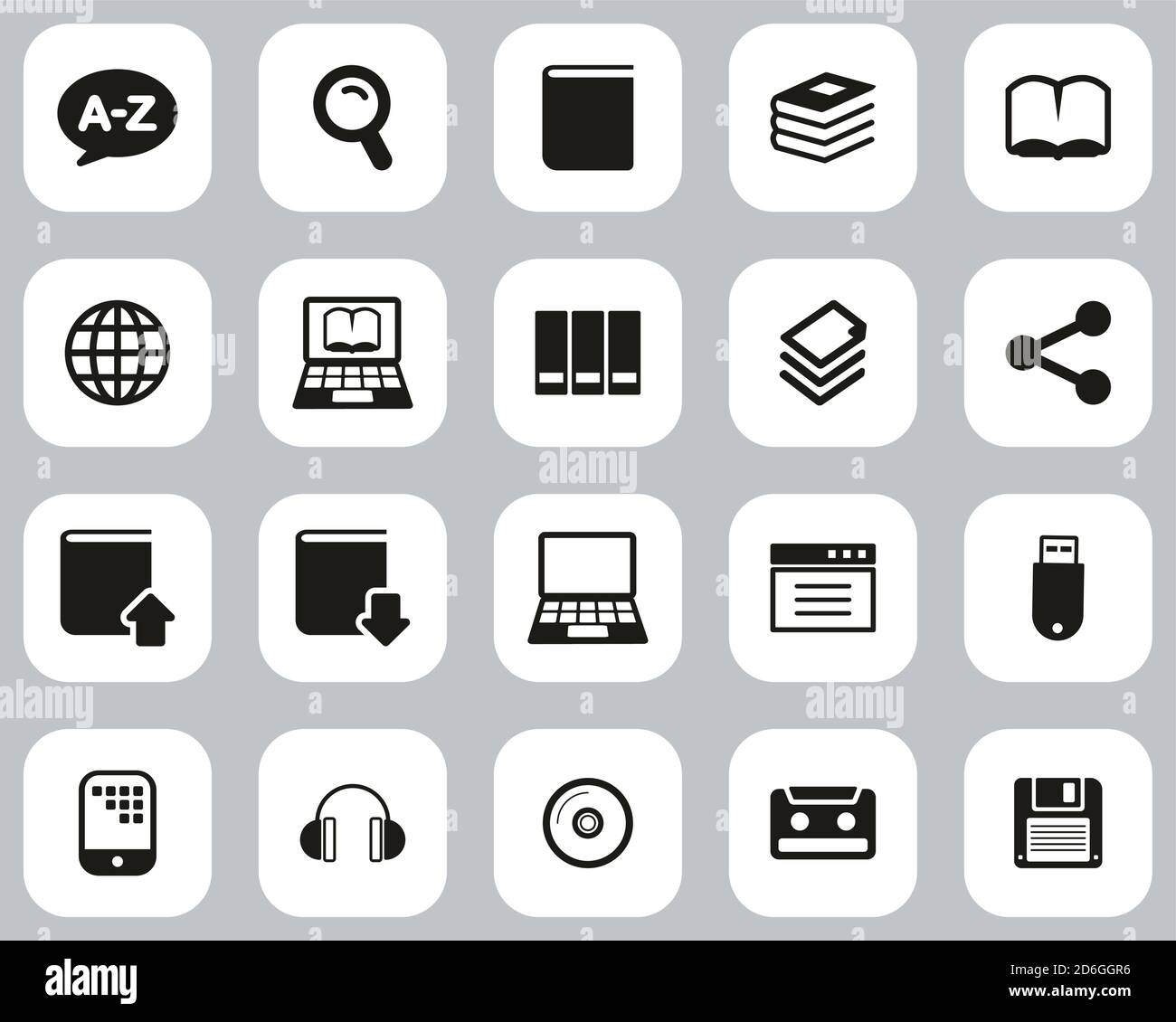 Dictionnaire ou Glossaire icônes jeu de conception plat noir et blanc Grande Illustration de Vecteur