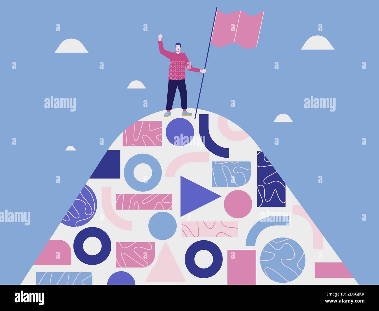 Auto-validation. Concept d'illustration créative du gagnant. Personne tenant un drapeau sur un sommet sur une montagne. Illustration de Vecteur