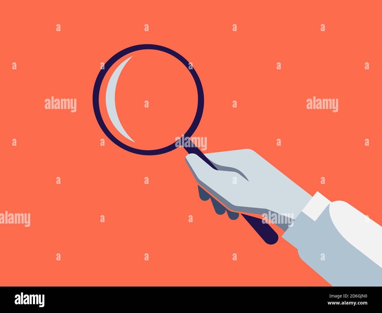 Main tenant une loupe. Illustration monochrome plate représentant une action, une profession de chercheur. Illustration de Vecteur