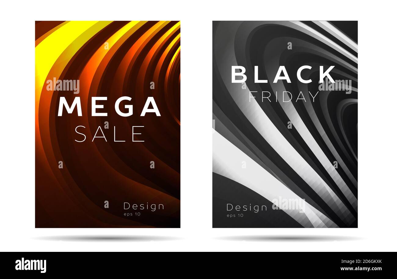 Jeu d'affiches ou de bannières numériques à vendre ou autre promo avec formes 3d de courbes métalliques en or et noir et blanc Illustration de Vecteur