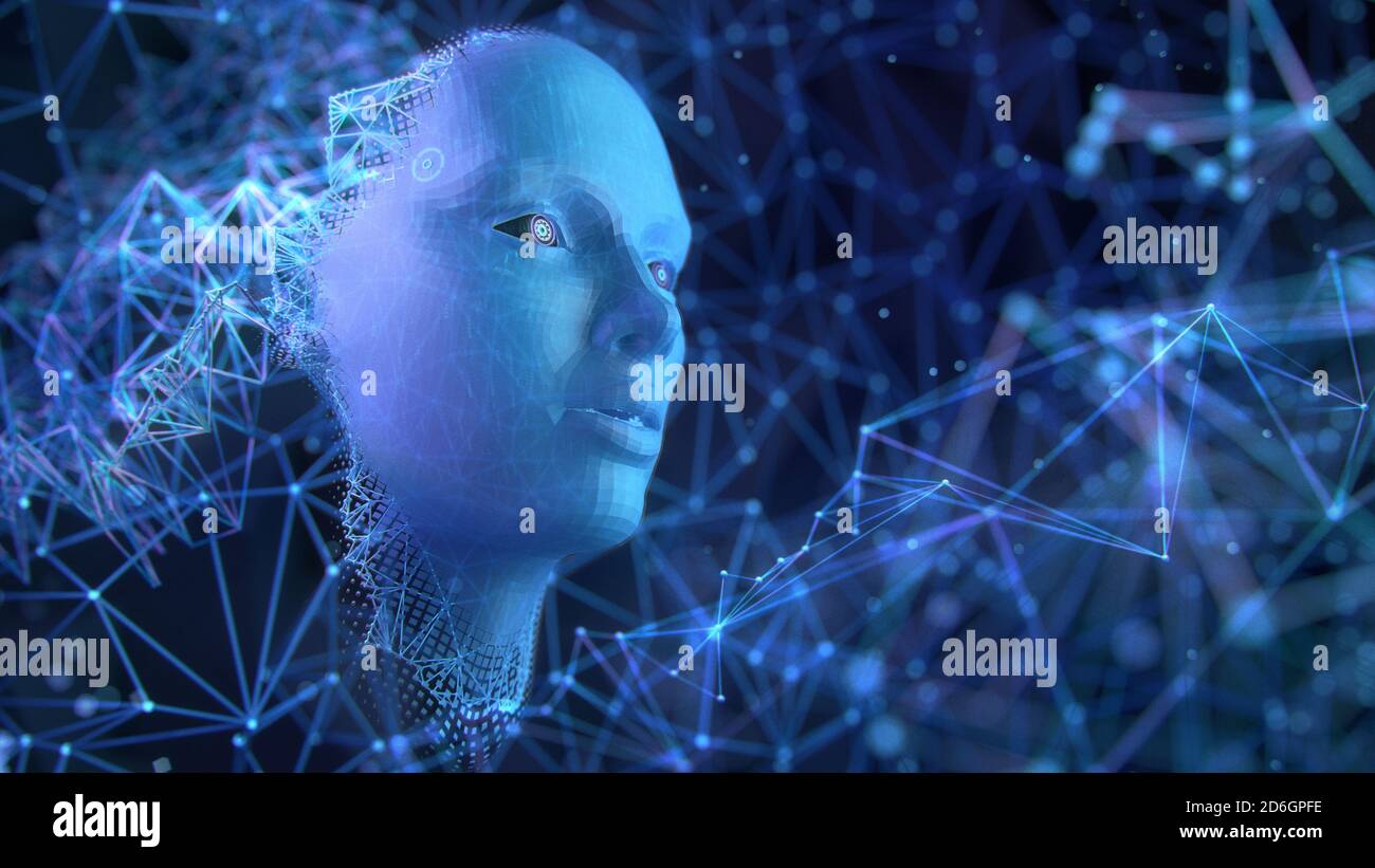 Intelligence artificielle concept: Fractale visage féminin formant à partir de l'information abstraite fractales. Bleu foncé et violet. Banque D'Images