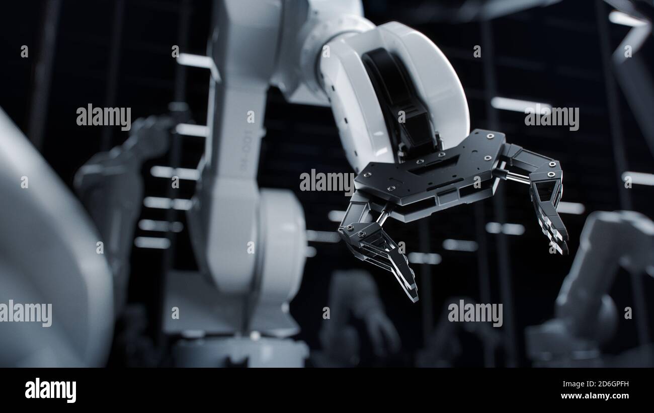 Concept industriel : gros plan de la nouvelle génération de bras robotique ai prêt pour le travail sur une ligne de production. Fabrication informatique. Noir foncé. Banque D'Images