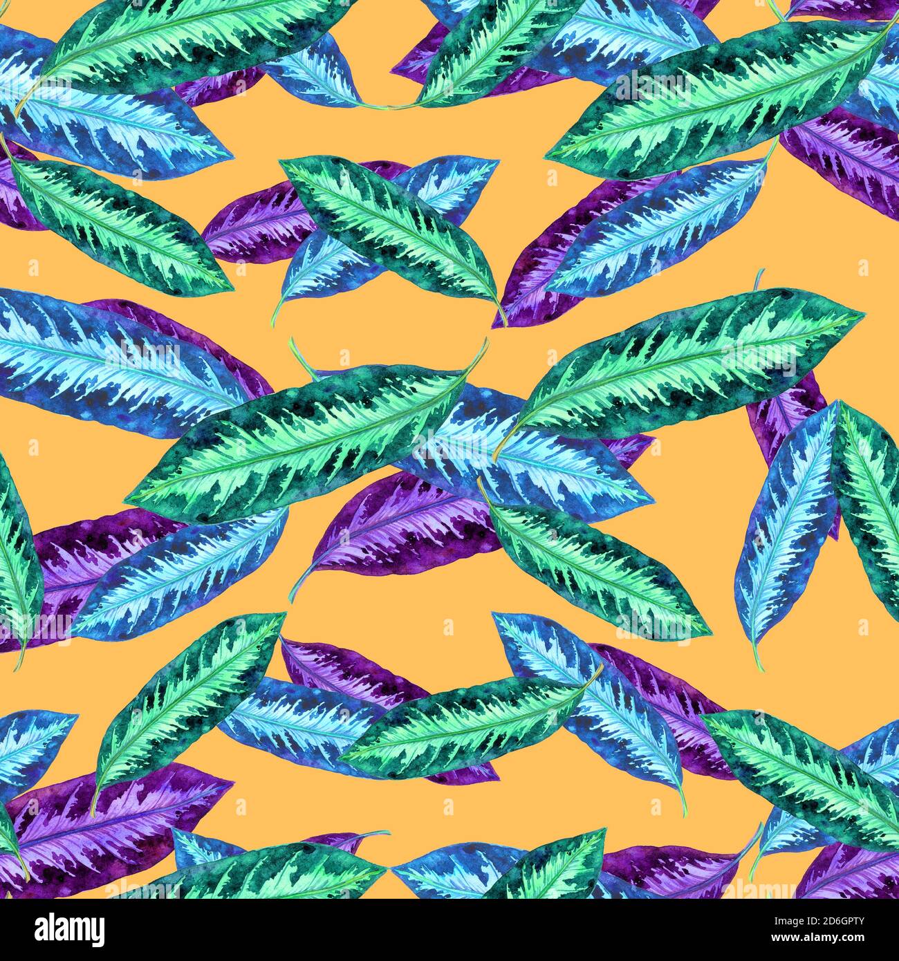 Maranta rayures vert, bleu et violet feuilles, peint à la main aquarelle illustration motif sans couture sur fond jaune Banque D'Images