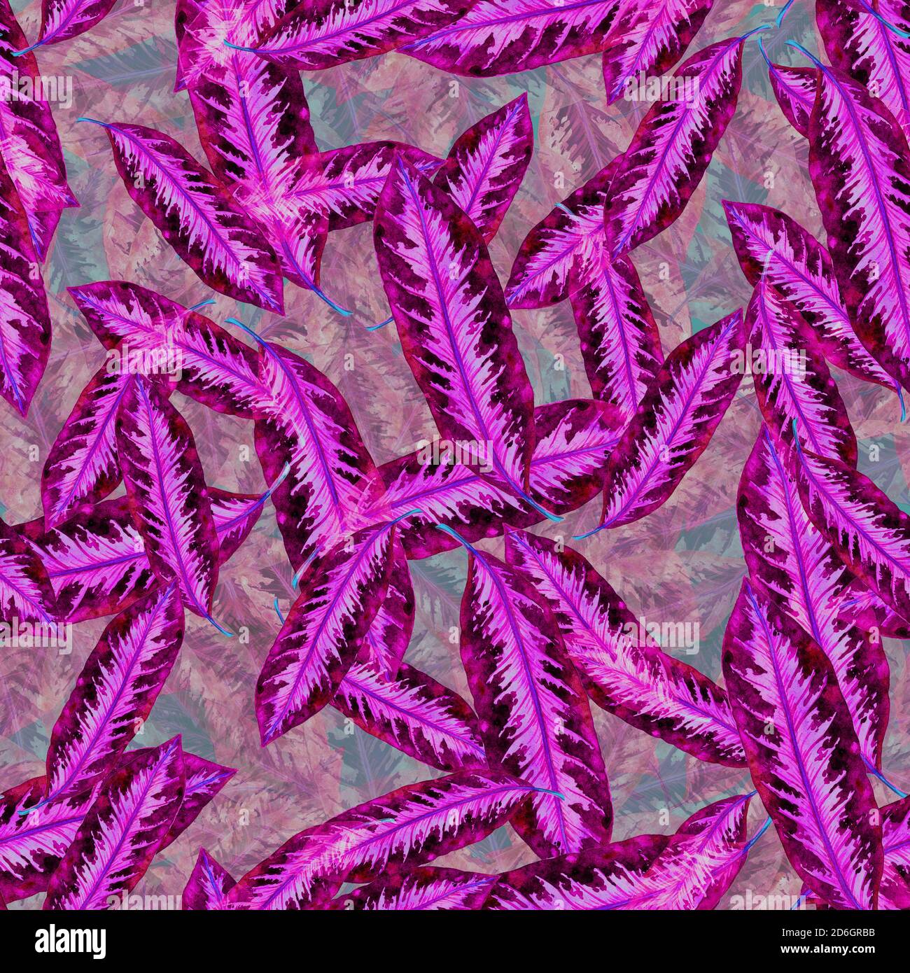 Maranta violet rayures feuilles, peint à la main aquarelle illustration motif sans couture sur feuilles texture arrière-plan Banque D'Images