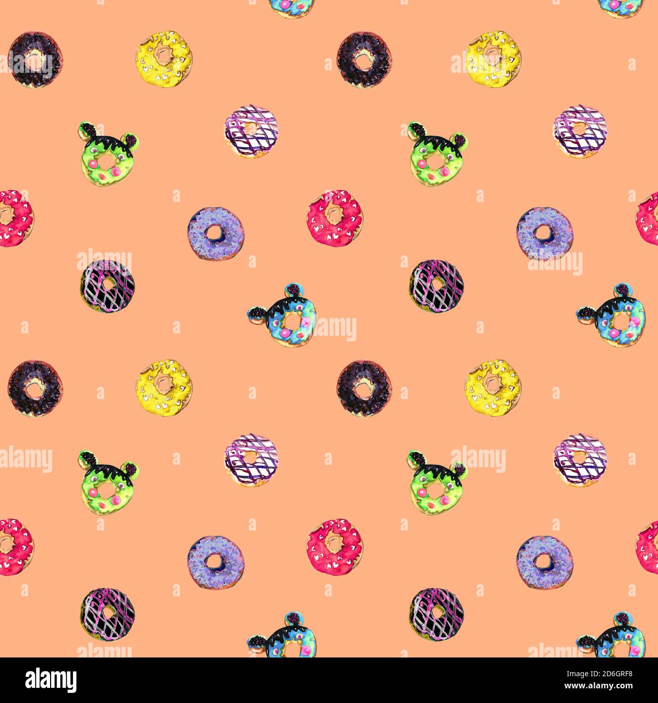 Collection de variétés de beignets, ensemble souris forme avec chocolat, pistache, glaçure de framboise, illustration d'aquarelle peinte à la main, motif sans couture Banque D'Images