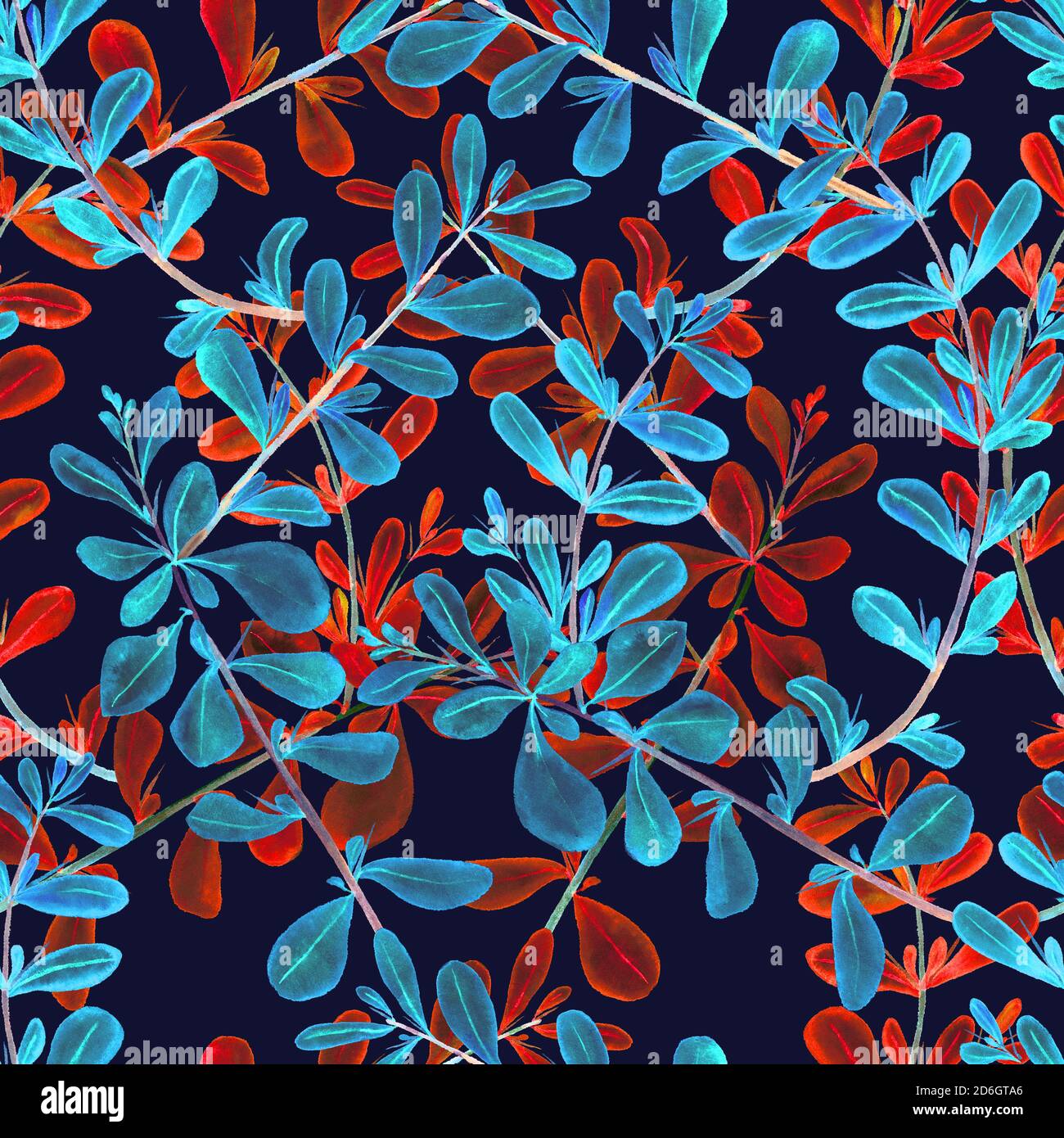 berberis vulgaris épineux (commune, européenne ou simplement barberry), branche avec des feuilles rouges et bleues, illustration d'aquarelle peinte à la main isolée, sans couture Banque D'Images