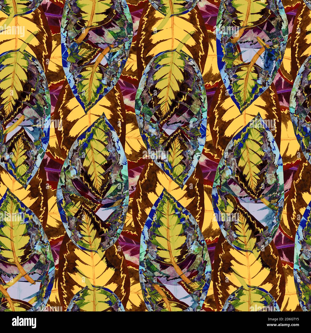 Maranta rayures feuilles, jaune, bleu, brun palette de couleurs, peint à la main aquarelle illustration sans couture motif abstrait coloré design Banque D'Images