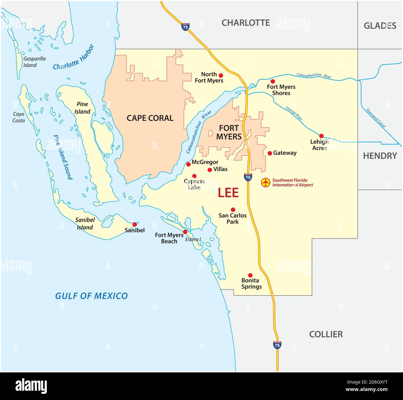 Carte du comté de Lee avec fort Myers et Cape Coral, Floride, États-Unis Illustration de Vecteur Carte du comté de Lee avec fort Myers et Cape Coral, Floride, États-Unis Illustration de Vecteur