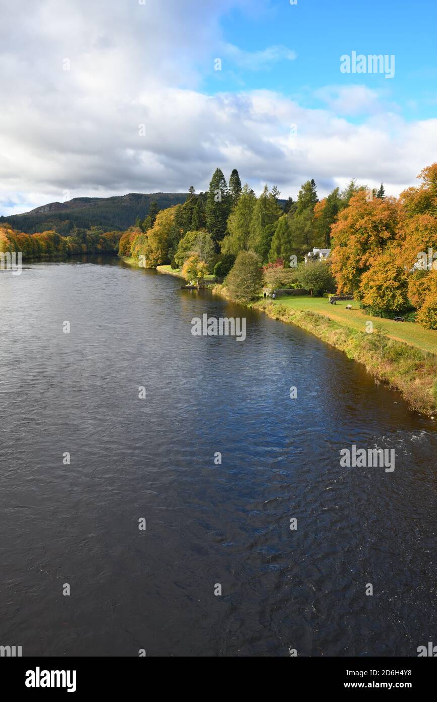 La rivière Tay serpente à travers Dunkeld et le parc forestier de Tay, dans le Perthshire, en Écosse, avec les arbres dorés de l'automne bordant les rives de la rivière. Banque D'Images