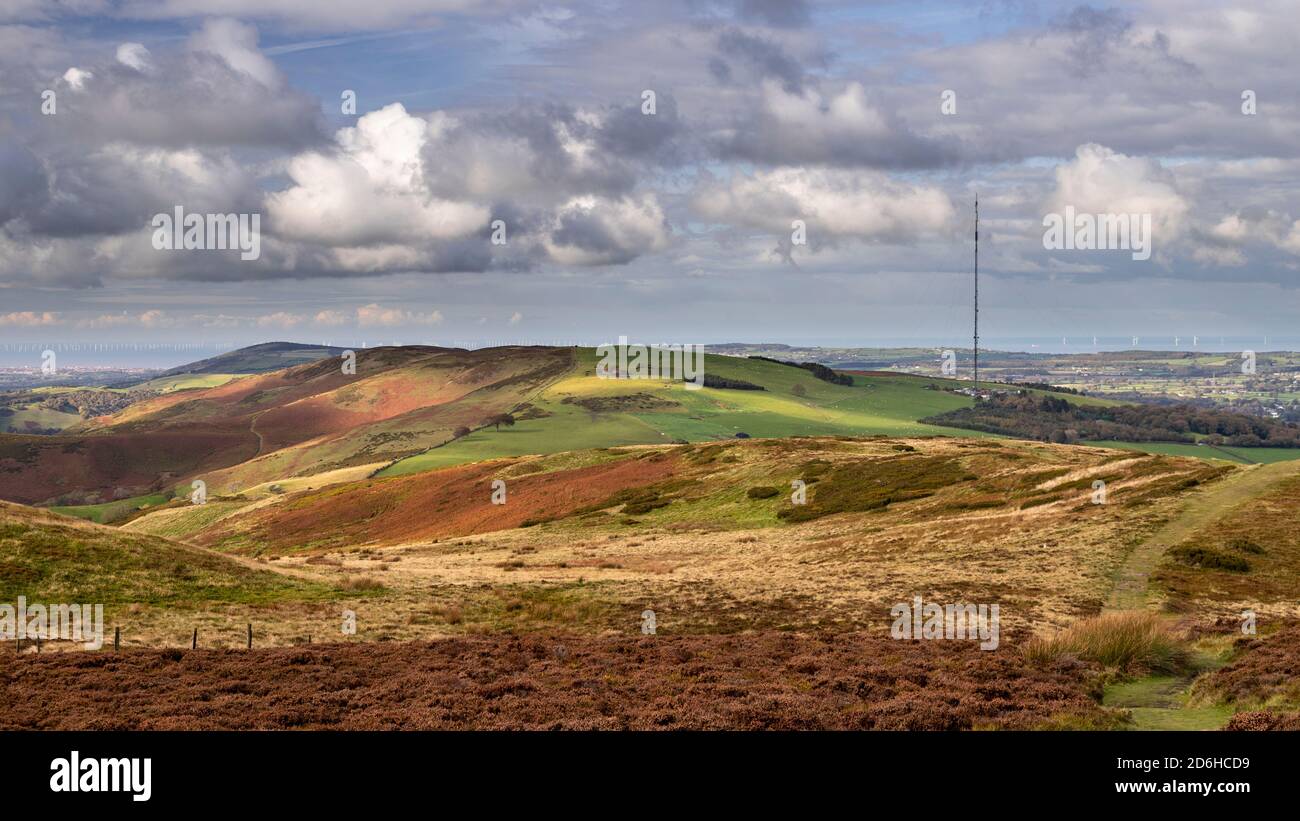Mât émetteur Moel-y-Parc, gamme Clwydian, pays de Galles du Nord Banque D'Images