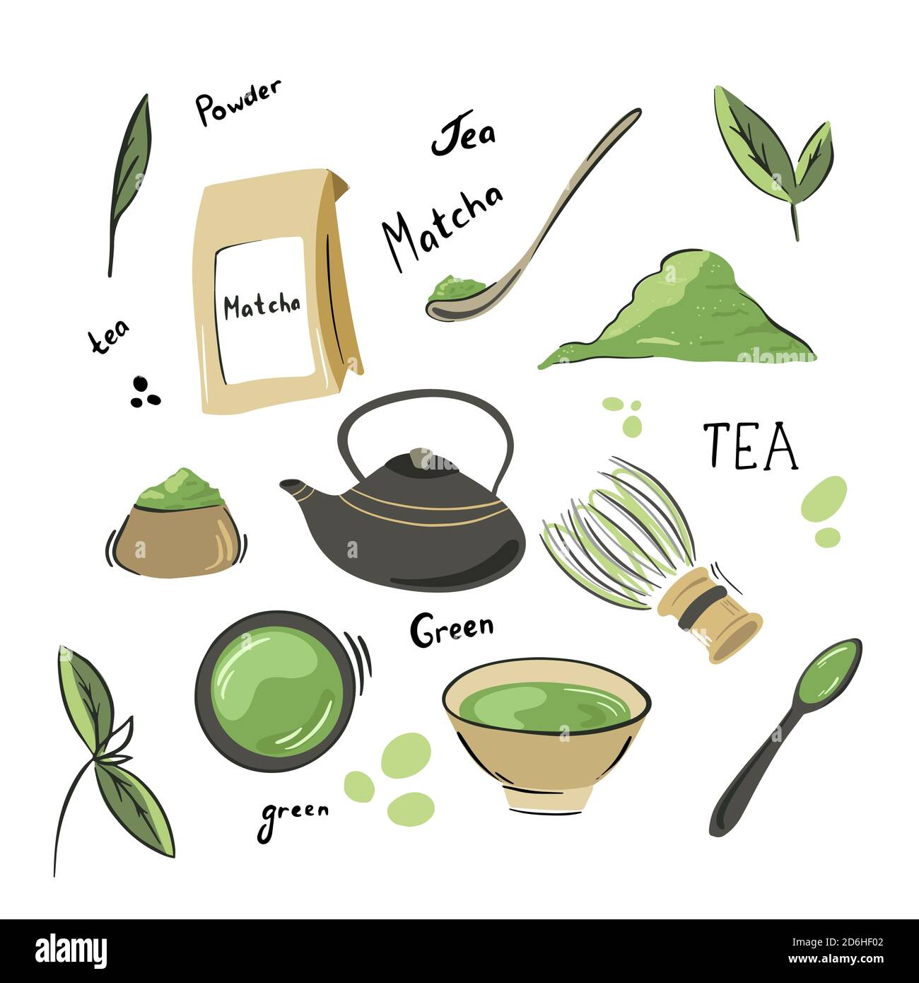 Collection de produits de thé matcha. Poudre de matcha, théière, cuillère en bambou, feuilles de thé. Ensemble de vecteurs dessinés à la main. Illustration de Vecteur