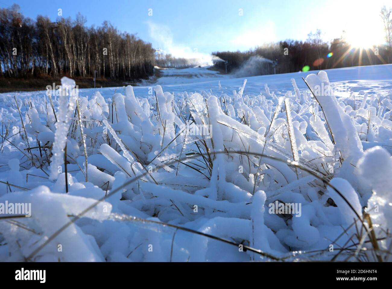 Zhangjiakou, province chinoise du Hebei. 17 octobre 2020. Les machines à neige travaillent sur un terrain de ski dans le district de Chilli, dans la ville de Zhangjiakou, dans la province de Hebei, au nord de la Chine, le 17 octobre 2020. Les pistes de ski de Chongqing sont prêtes pour la saison de ski car la température baisse ces jours-ci. Crédit : Wu Diansen/Xinhua/Alay Live News Banque D'Images