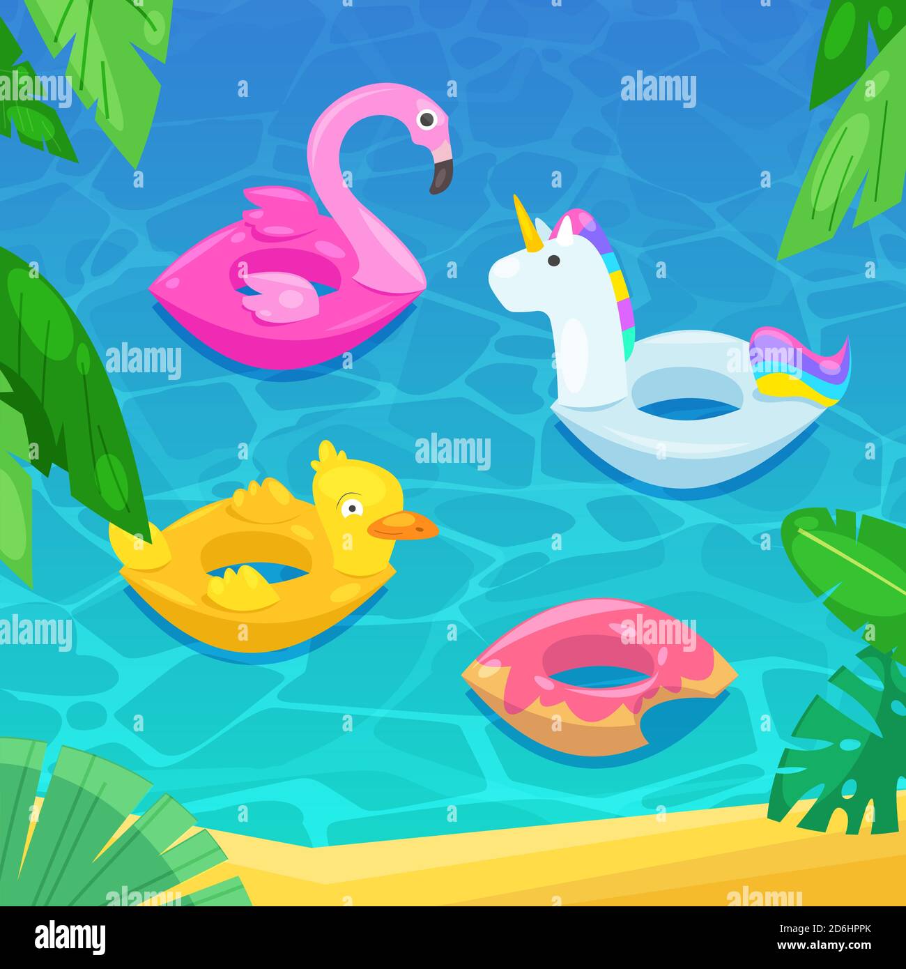 Plage de la mer avec des flotteurs colorés dans l'eau, illustration vectorielle. Enfants jouets gonflables flamant, canard, beignet, licorne. Arrière-plan des vacances d'été. Illustration de Vecteur