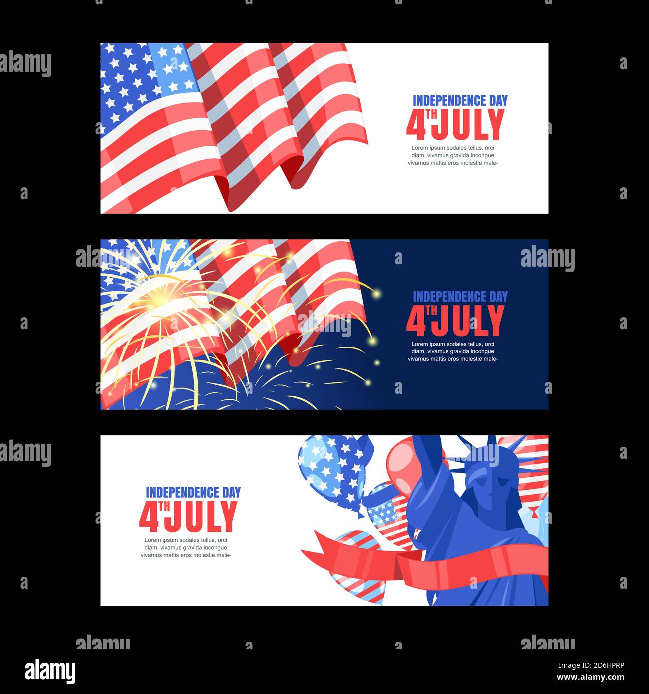 4 juillet, jour de l'indépendance des États-Unis. Banderoles horizontales pour les fêtes avec drapeau, hommage et Statue de la liberté. Fond vectoriel blanc et bleu. Illustration de Vecteur