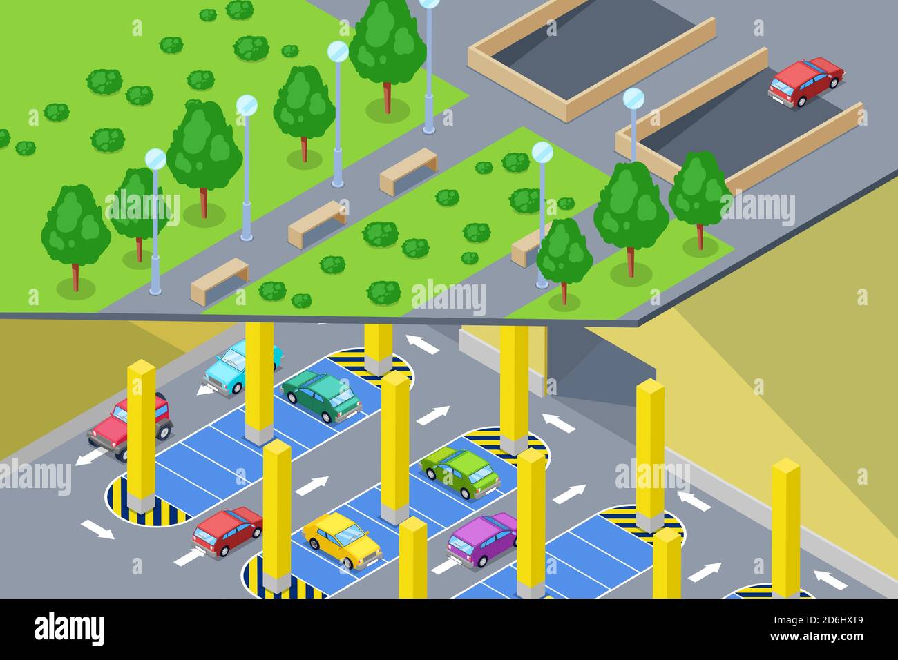 Parking souterrain. Illustration 3D vectorielle isométrique. Construction de bâtiments urbains et concept de trafic de transport urbain. Illustration de Vecteur