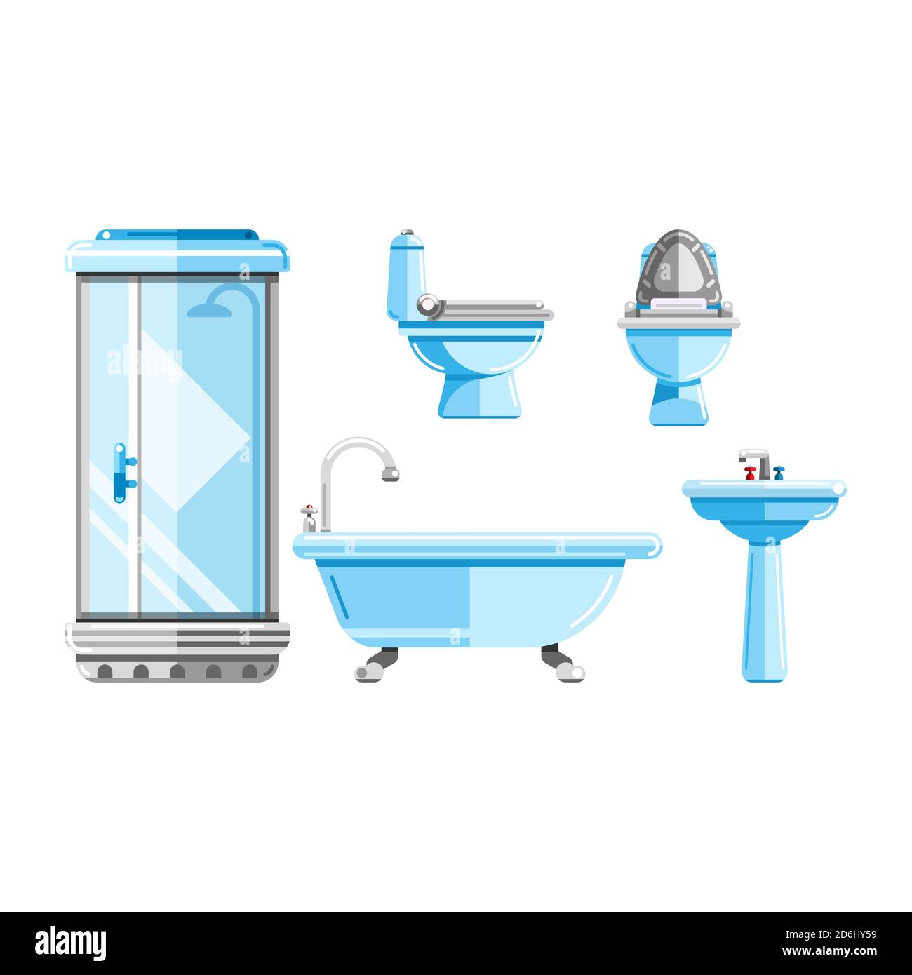 Ingénierie sanitaire, ensemble d'icônes vectorielles. Baignoire, toilettes, cabine de douche, lavabo. Éléments de décoration intérieure de la salle de bains Illustration de Vecteur