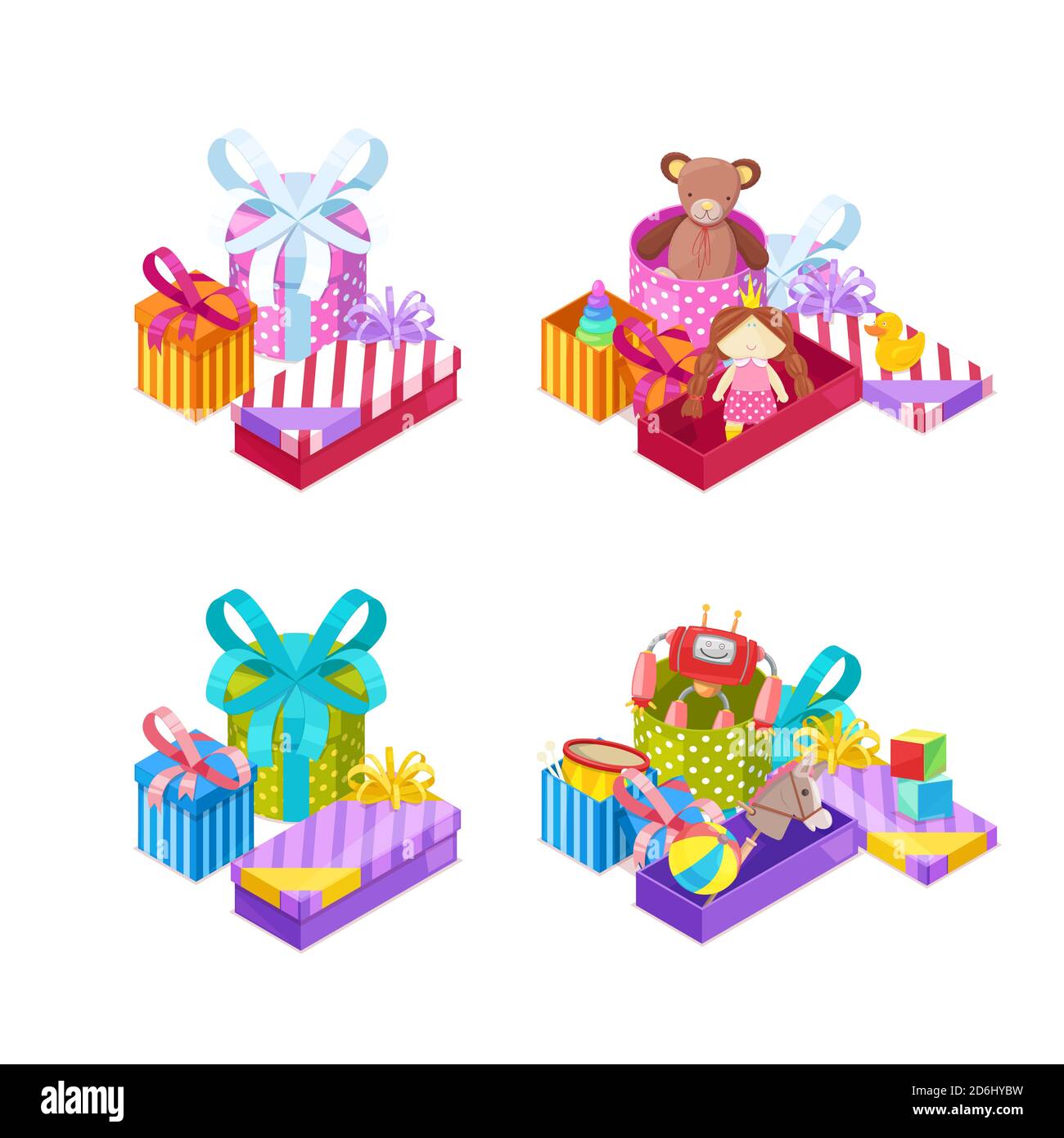 Cadeaux pour filles et garçons. Déballage des boîtes-cadeaux colorées avec des rubans et des jouets. Symboles et éléments de design Vector Holiday. Cadeaux fermés et ouverts. Illustration de Vecteur