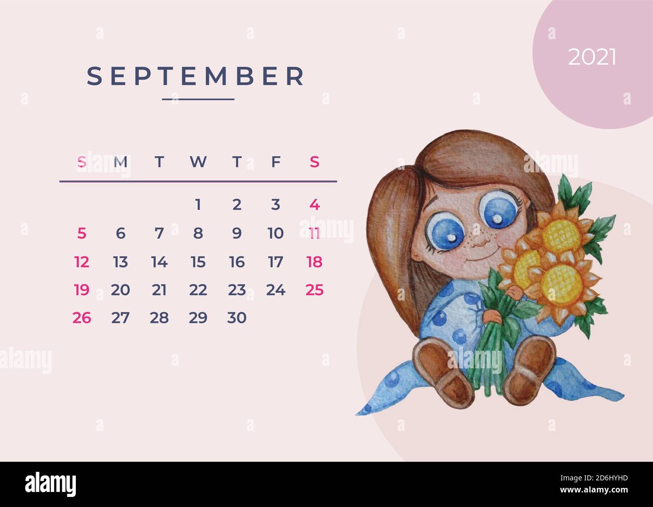 Aquarelle Du Calendrier 21 Modele Pour Septembre 21 Dessin Aquarelle Une Jolie Fille Avec Un Bouquet De Tournesols Jaunes Entre Ses Mains Conception Image Vectorielle Stock Alamy