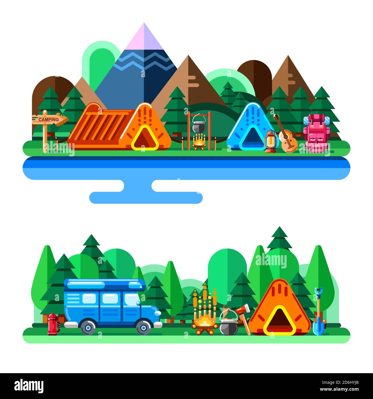 Camping d'été dans la forêt et la vallée des montagnes, illustration vectorielle de style plat. Aventures, voyage et éco-tourisme concept. Tente de camp touristique, traile Illustration de Vecteur