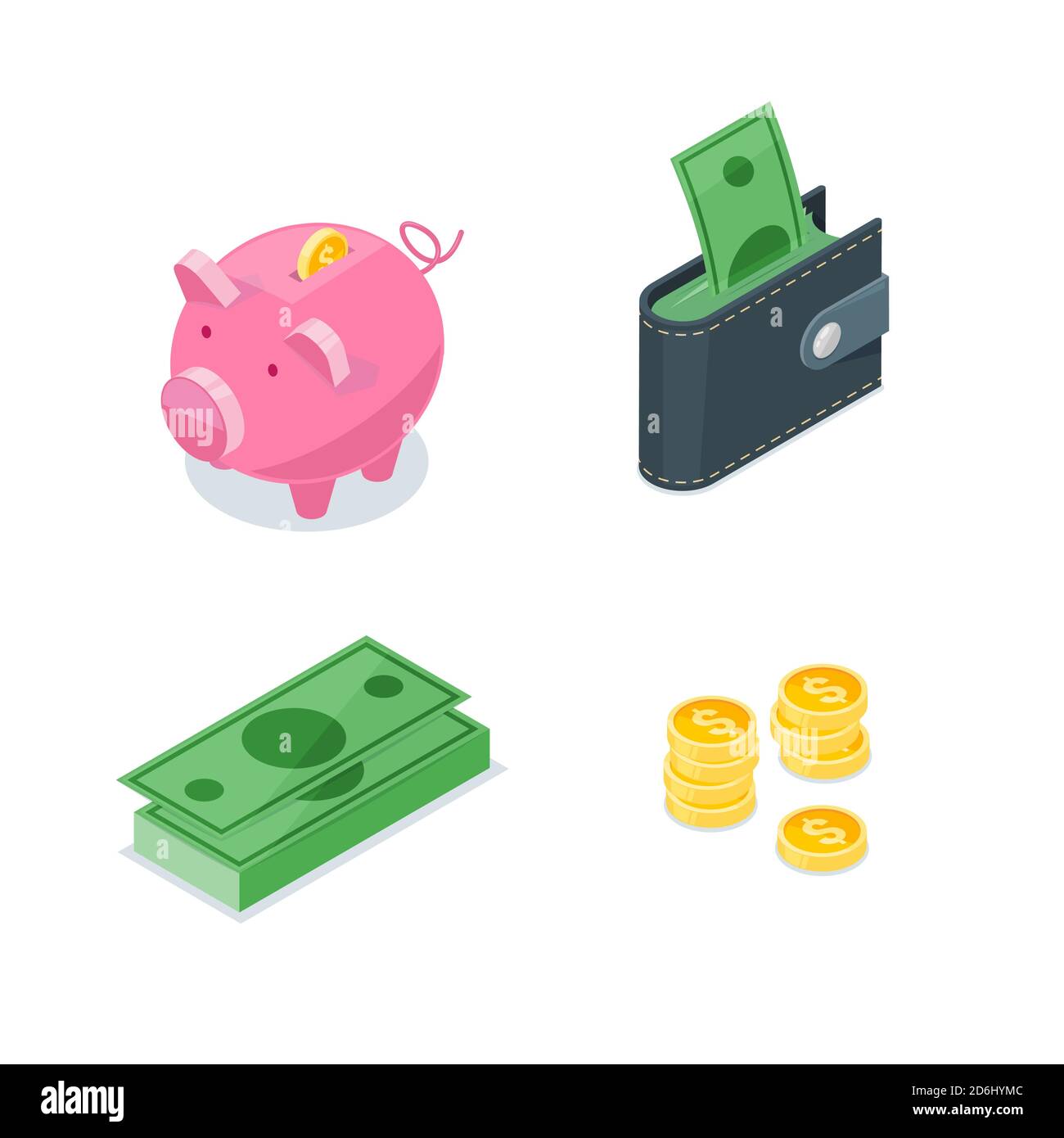 Jeu d'icônes vectorielles 3D Isométrique Money. Symbole isolé de la finance, de la banque, de l'investissement et du commerce. Pièces de monnaie, dollars, banque de piggy et portefeuille illustrati Illustration de Vecteur