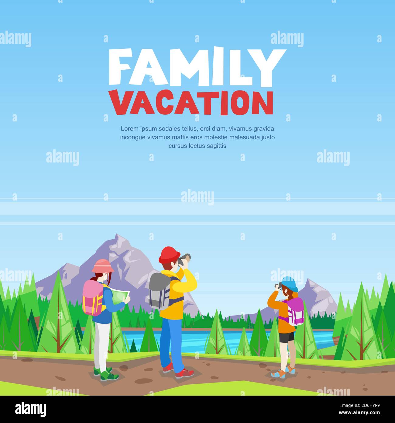 Vacances en famille, randonnée et activités sportives en plein air. Illustration de style de dessin animé vectoriel. Maman, papa et fille marchant sur la route de montagne et faisant pho Illustration de Vecteur