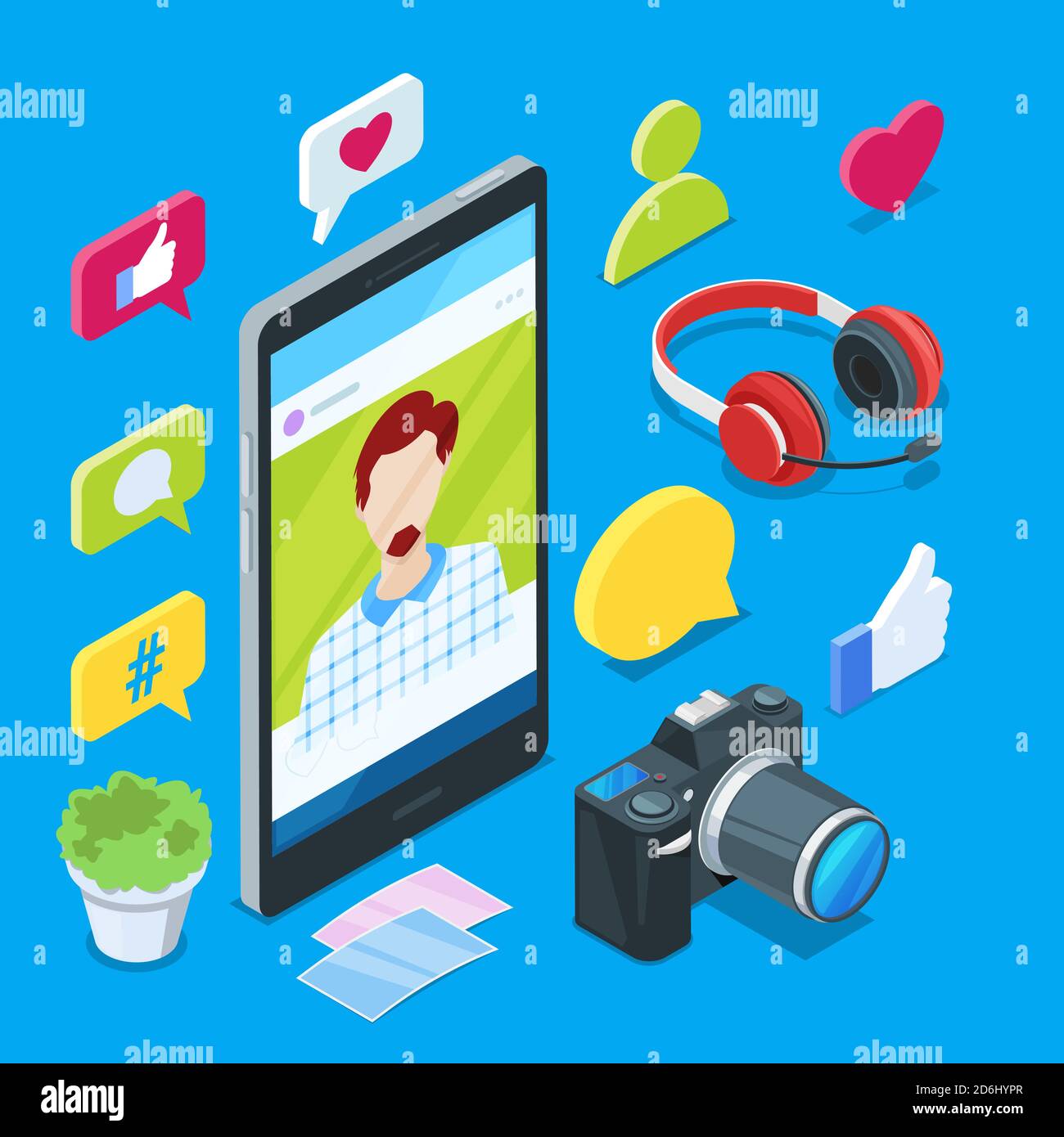 Création de blogs et de contenus sur les réseaux sociaux. Photos ou vidéos blog vecteur 3d icônes isométriques. Concept d'entreprise Internet. Illustration de Vecteur