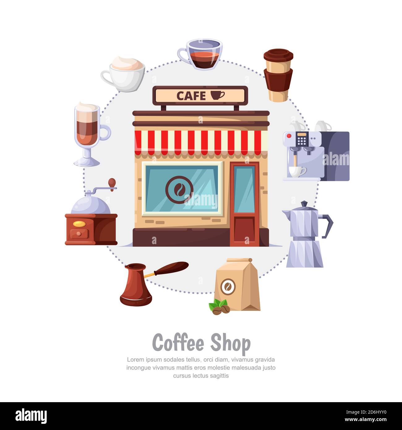 Concept café-restaurant. Étiquette de cercle vectoriel et éléments de conception. Street café ou boulangerie, illustration de dessin animé isolée sur fond blanc. Illustration de Vecteur