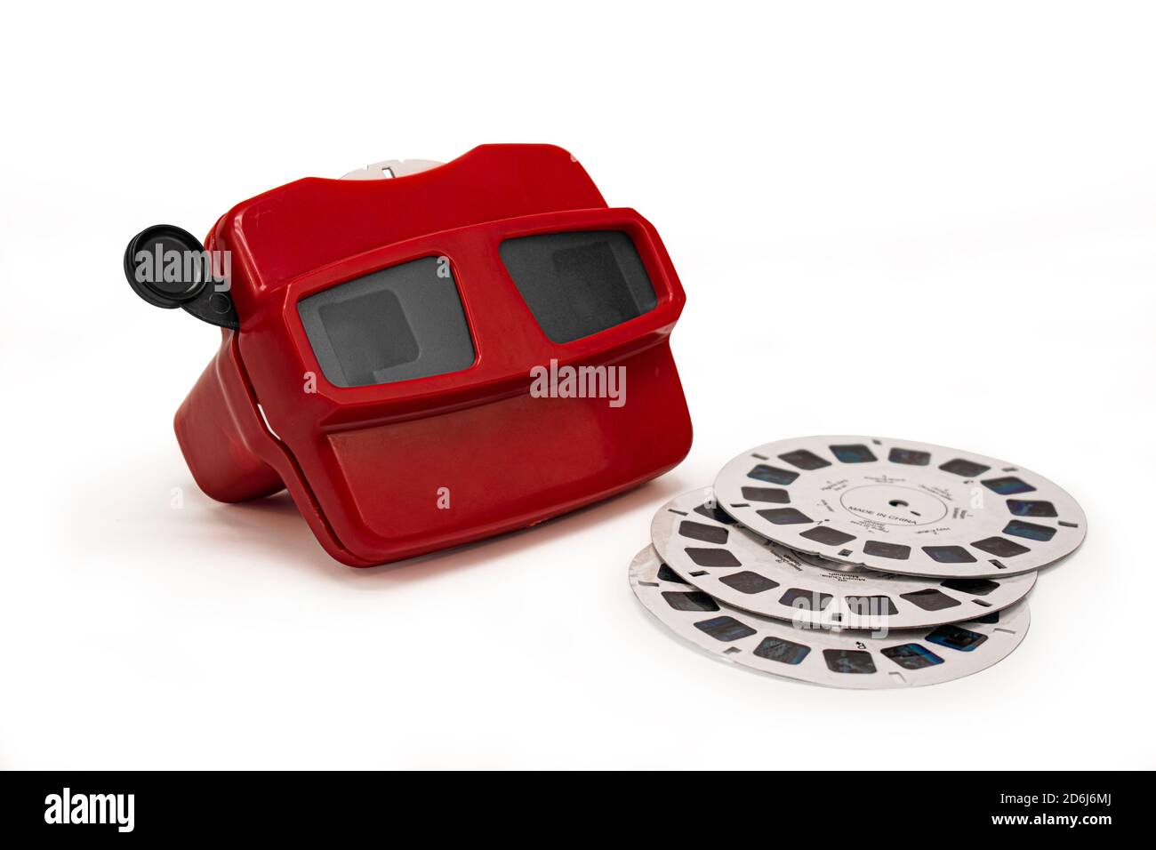 Visionneuse de diapositives 3D vintage rouge isolée sur fond blanc. Curseur 3d de style rétro Banque D'Images