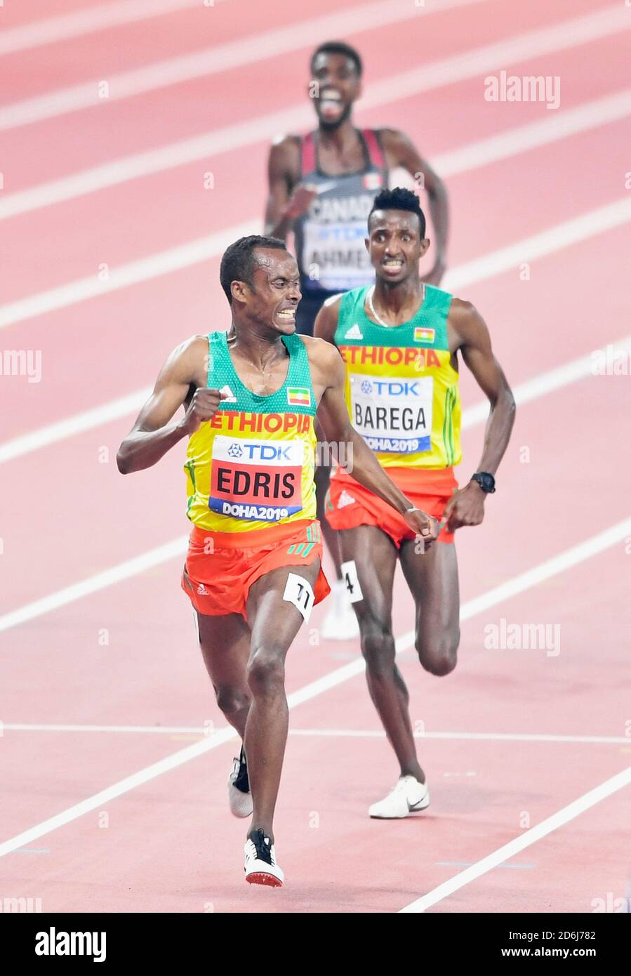 Muktar Edris (ETH, Or), Selemon Barega (ETH, argent), Mohammed Ahmed (CAN, Bronze). 5000 mètres de finale. Championnats du monde d'athlétisme de l'IAAF, Doha 2019 Banque D'Images