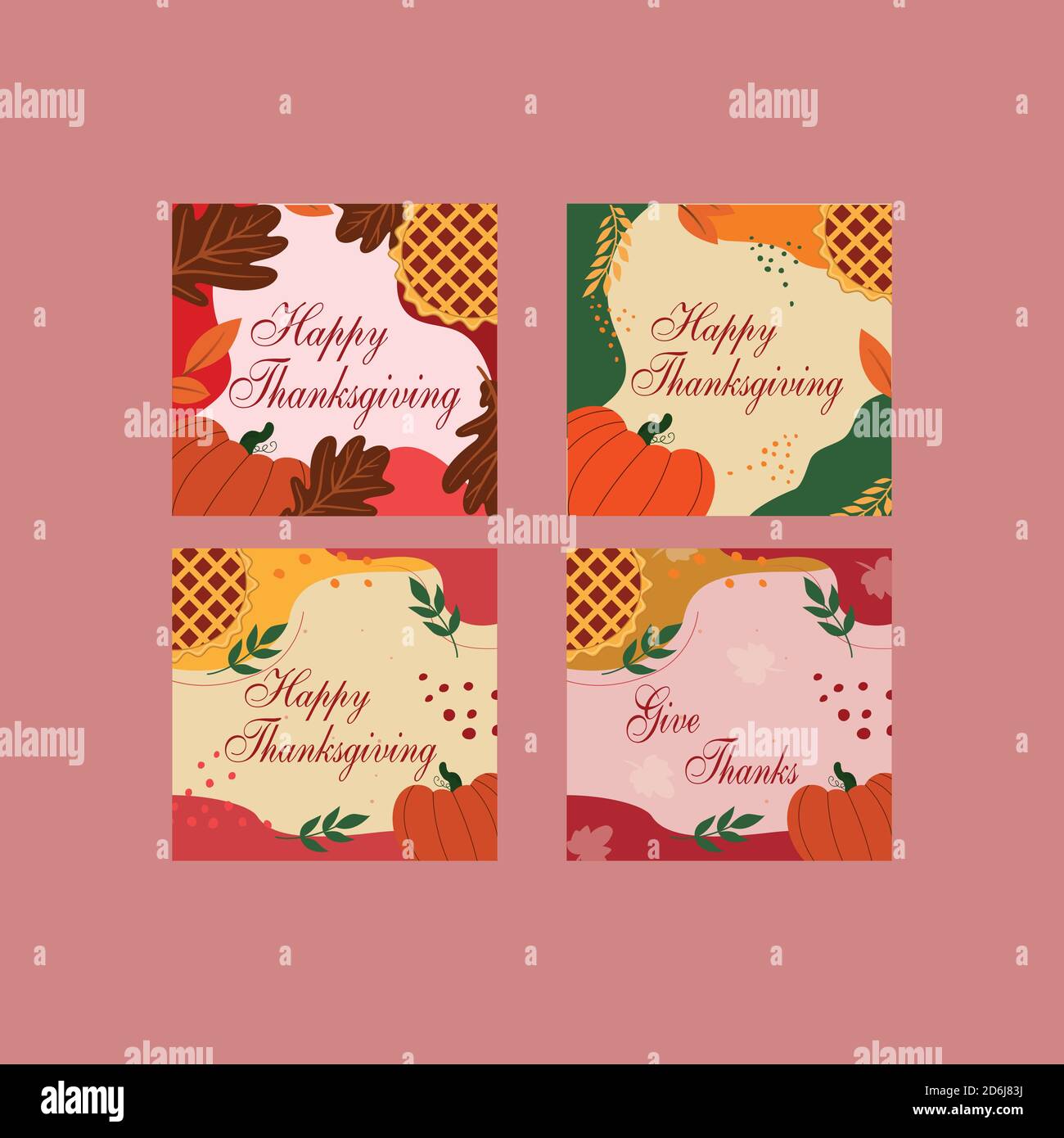 Carte de Thanksgiving. Postez Instagram avec Happy Thanksgiving. Modèle vectoriel avec tarte aux pommes et citrouille Illustration de Vecteur