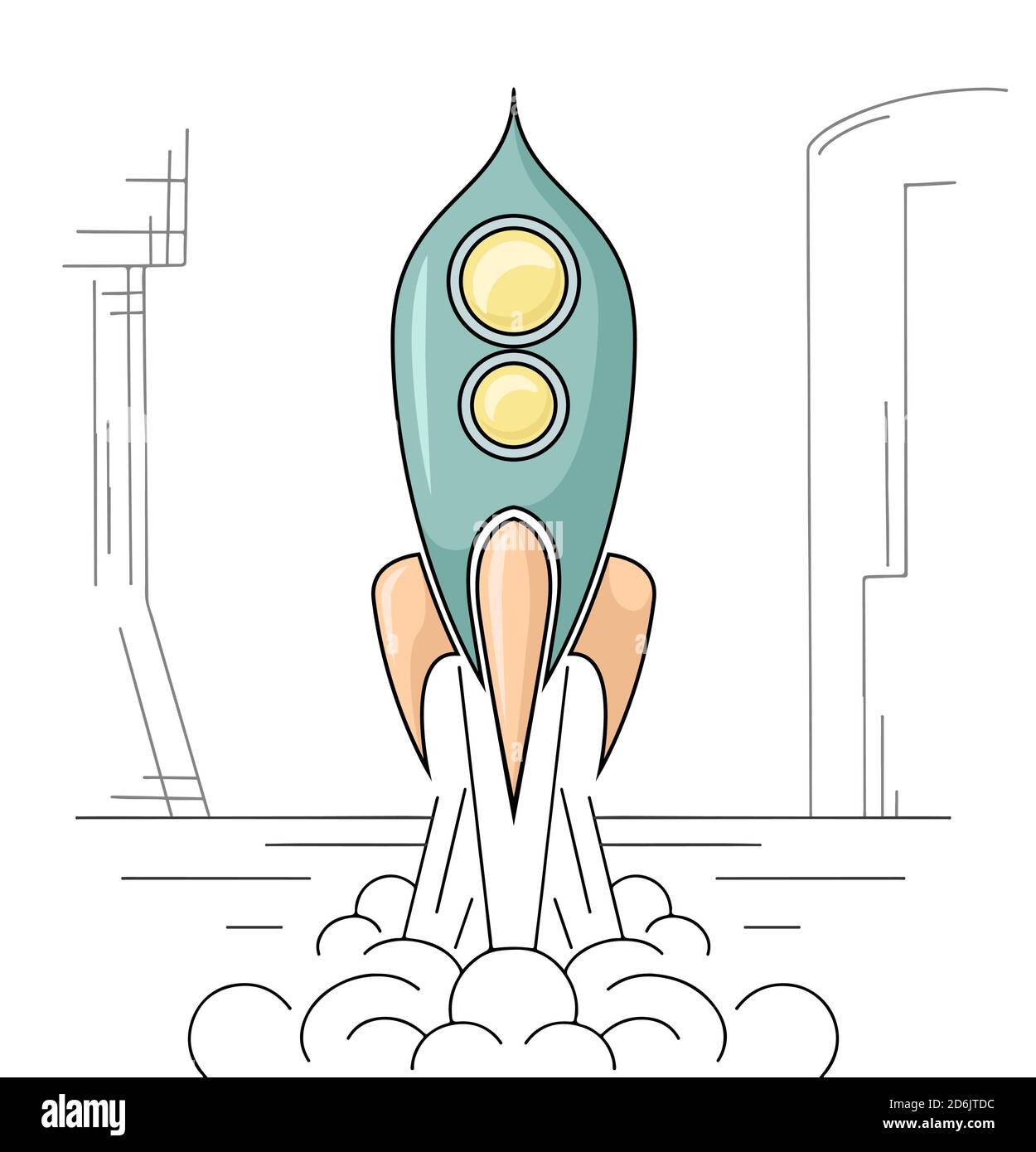 Dessin de la fusée rétro qui s'envol d'un port spatial. Navette spatiale. Dessin vectoriel linéaire pour des articles, des bannières et votre créativité. Illustration de Vecteur