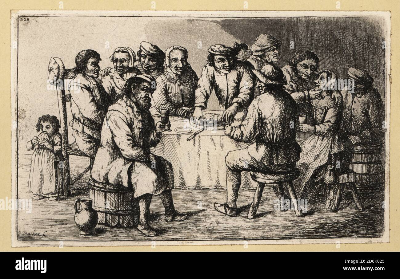 Salle de banquet rustique avec grand groupe à une table, XVIIe siècle. Un homme saisit un poulet rôti, d'autres boivent de la bière, un couple embrasse, un enfant mange un grand biscuit. Ils s'assoient sur des chaises en bois, des tonneaux et des tabourets. Gravure sur plaque de coperplate par David Deuchar d'UNE collection de gravures d'après les maîtres les plus éminents des écoles néerlandaises et flamandes, Édimbourg, 1803. Banque D'Images
