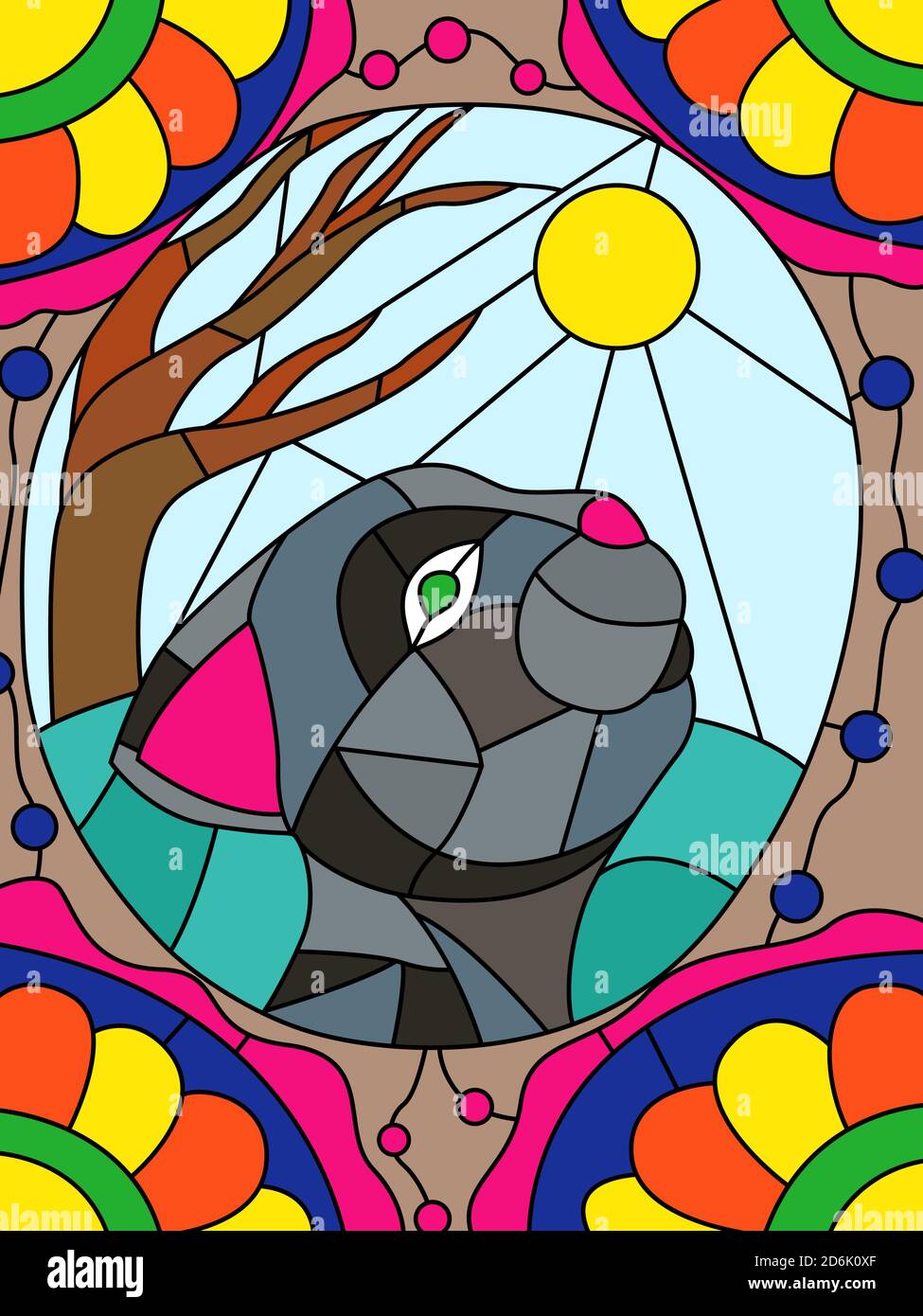 Vitraux colorés avec un joli chat de dessin animé, oeuvre décorative de l'enfant Illustration de Vecteur