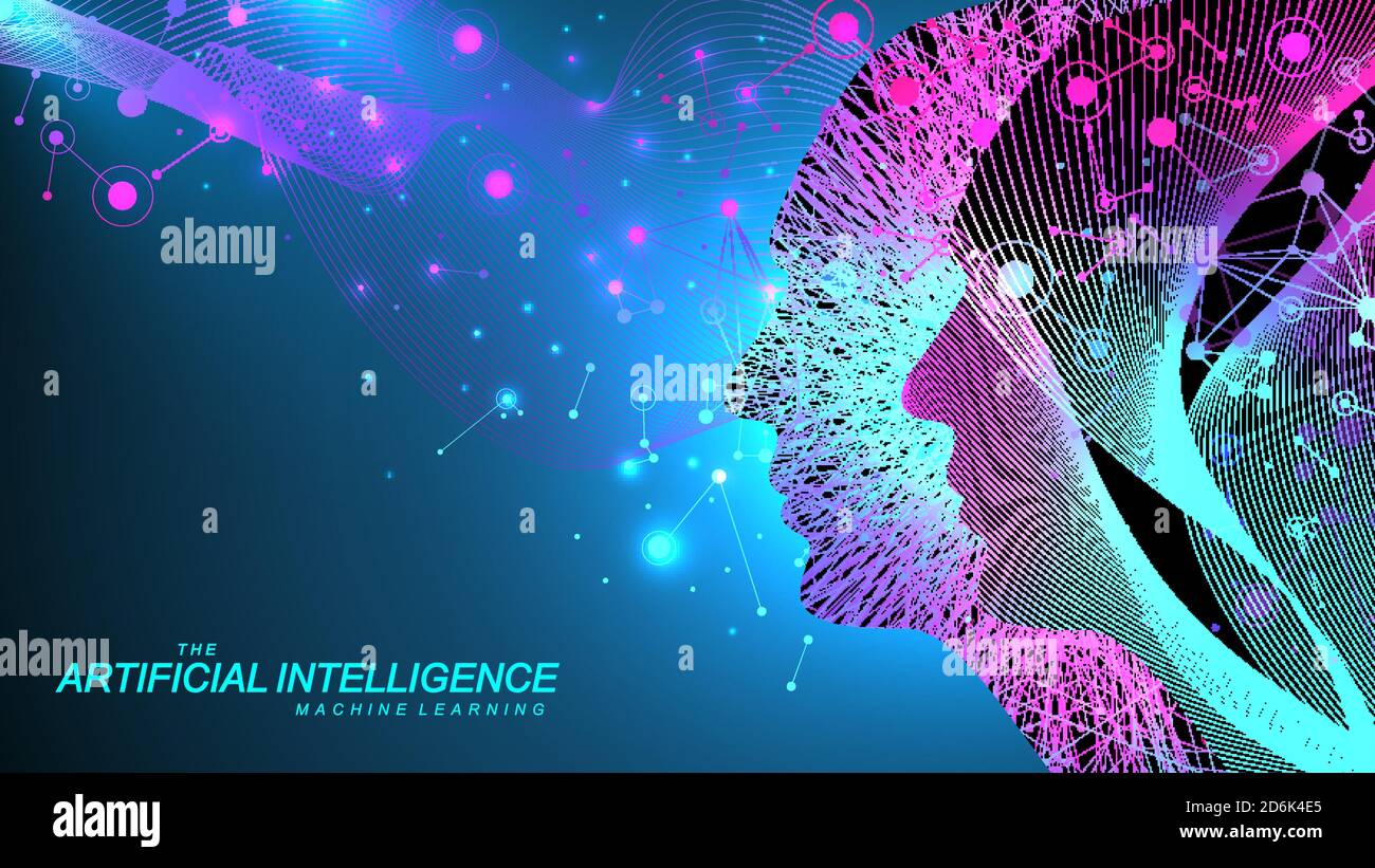 Intelligence artificielle avec Digital Brain, neural Networks et Learning Processing Big Data, machine Learning concept. Flux de données binaires sur bleu Illustration de Vecteur