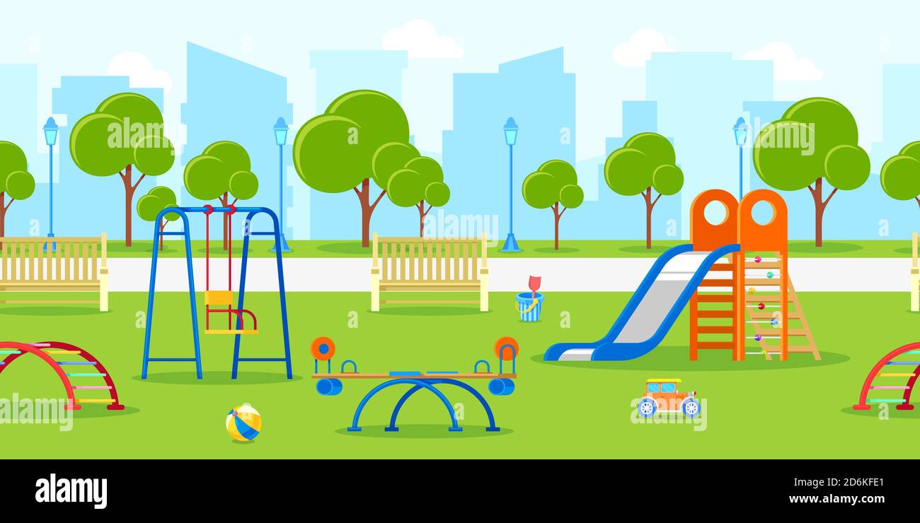 Jardin d'enfants ou aire de jeux dans le parc de la ville. Arrière-plan vectoriel horizontal transparent. Illustration de la vie urbaine, des loisirs et des activités de plein air. Été o Illustration de Vecteur