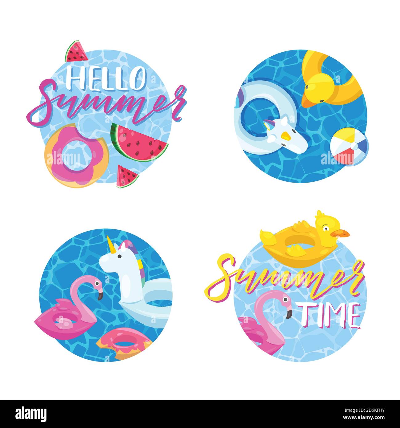 Étiquettes, autocollants ou étiquettes d'été. Hello Summer Vector Circle emblème ensemble. Vacances, voyage, vacances à la plage, piscine partie design éléments. Illustration de Vecteur