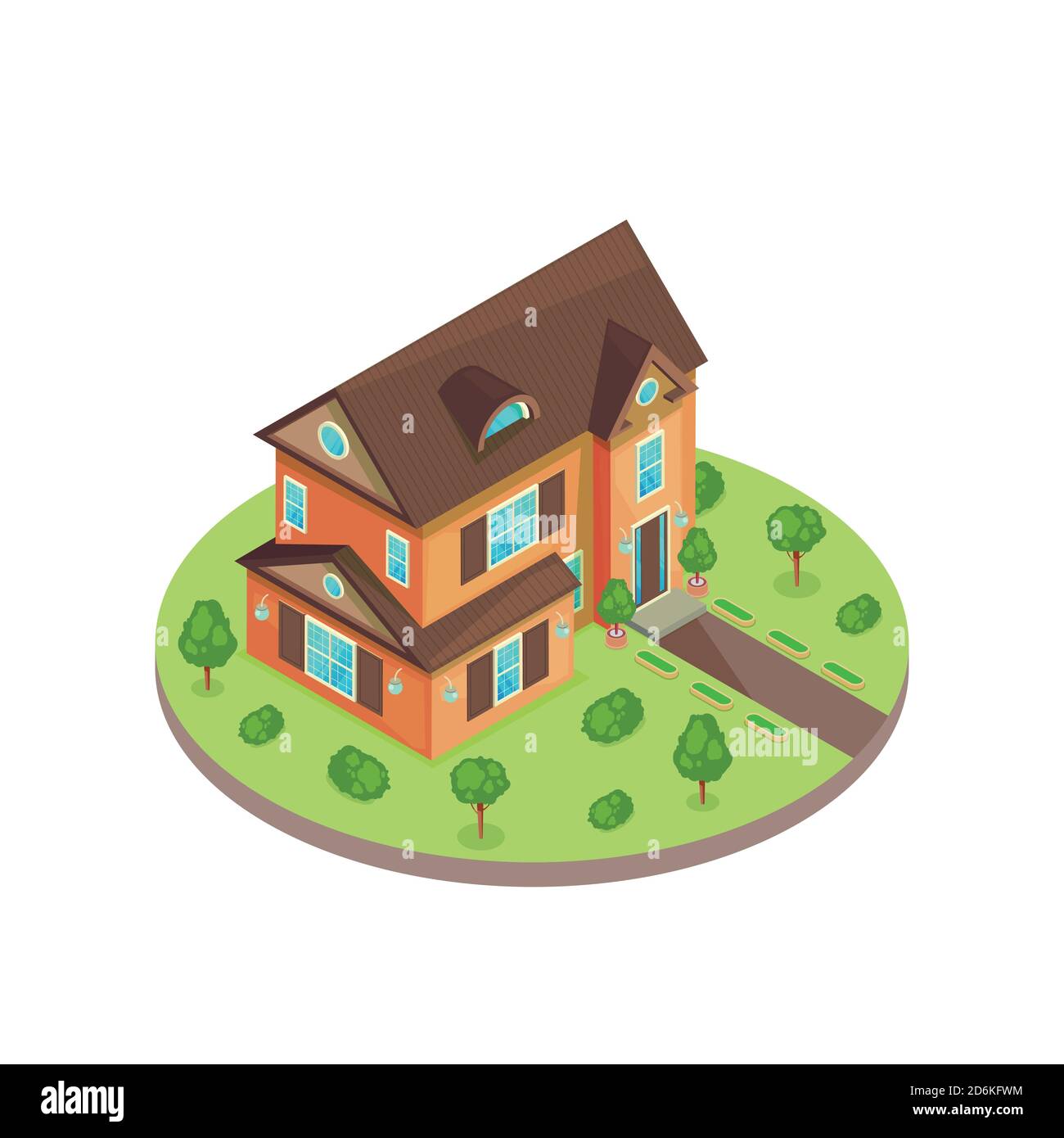 Maison résidentielle classique de deux étages de style isométrique en 3d dans un jardin vert. Illustration vectorielle isolée. Icône Immobilier. Illustration de Vecteur