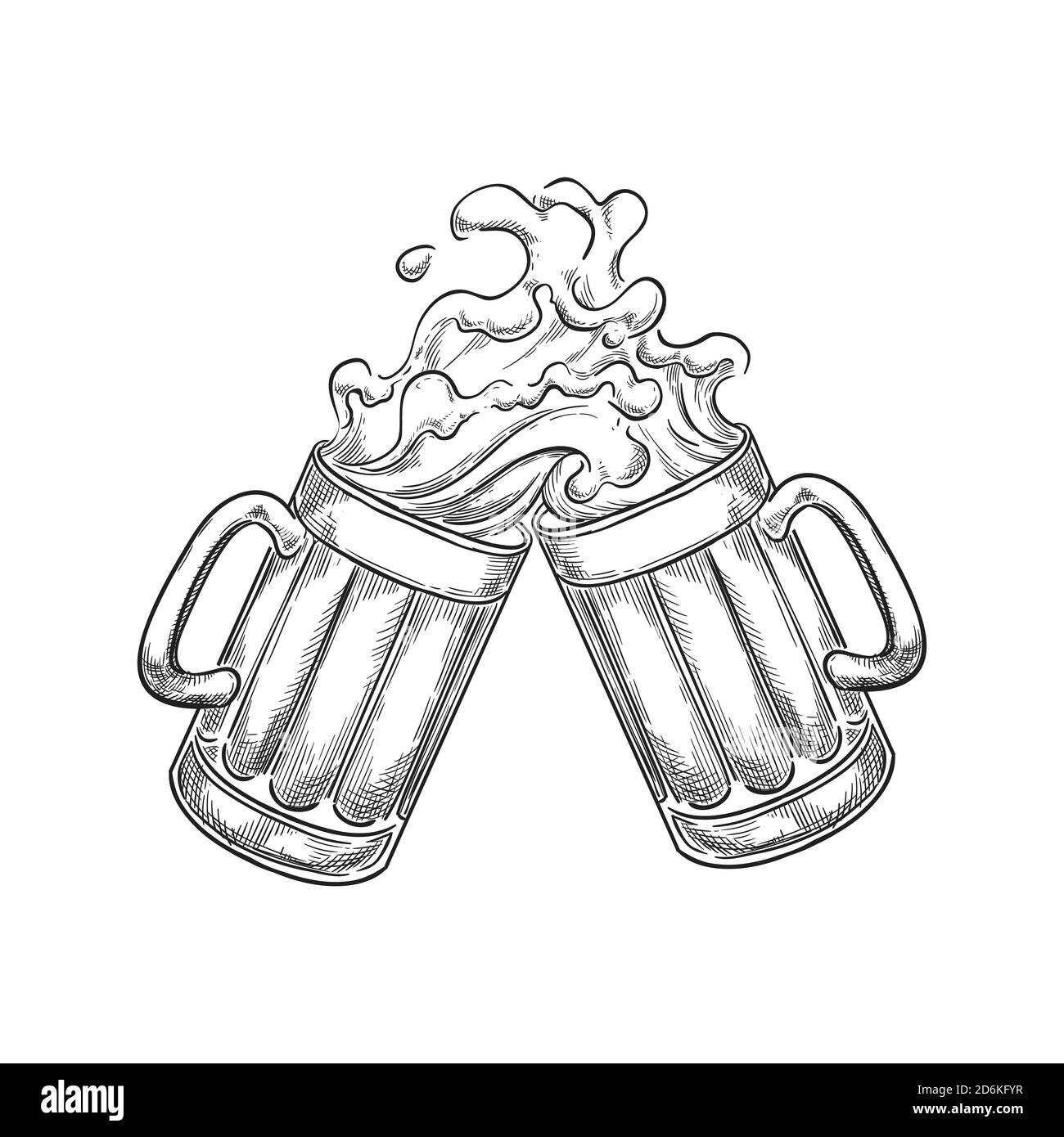 Deux grandes tasses à bière avec boissons gazeuses, illustration vectorielle. Éléments de conception d'étiquettes dessinées à la main. Illustration de Vecteur