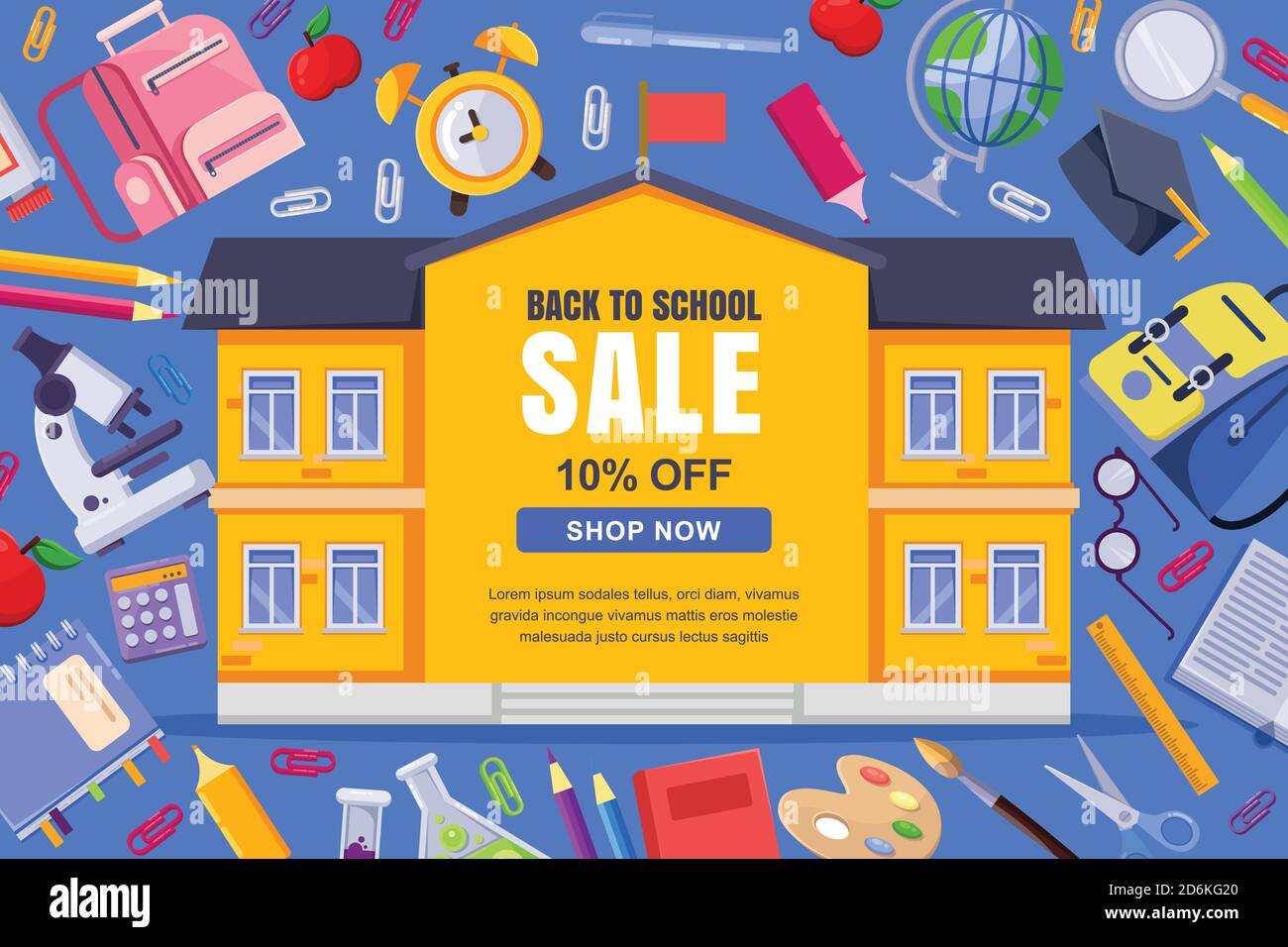 Cadre jaune de bâtiment d'école avec espace de copie. Retour à l'école bannière vecteur de vente, modèle d'affiche. Papier à lettres coloré arrière-plan. Formation c Illustration de Vecteur