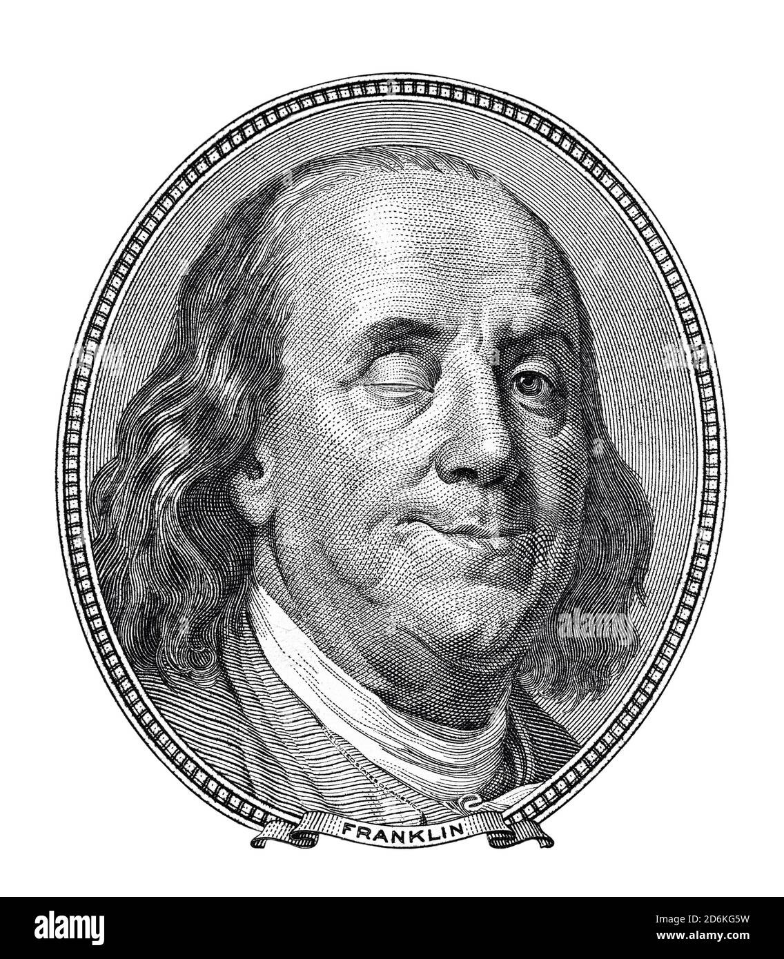 Benjamin Franklin clignotant et souriant à vous isolé sur blanc Banque D'Images