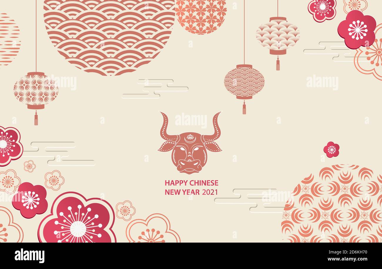 Bonne année 2021. Une bannière horizontale avec des éléments chinois de la nouvelle année.Traduction du chinois - bonne année, symbole de taureau Illustration de Vecteur