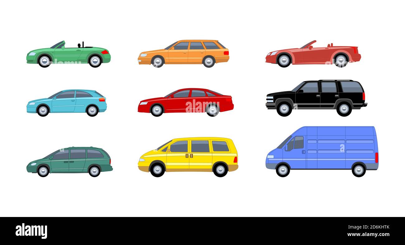 Jeu de wagons plats. Minibus cabriolet et pick-up. Bus et monospace. Les voitures urbaines et les véhicules de transport Vector plates icônes. Cabriolet et camion et Illustration de Vecteur